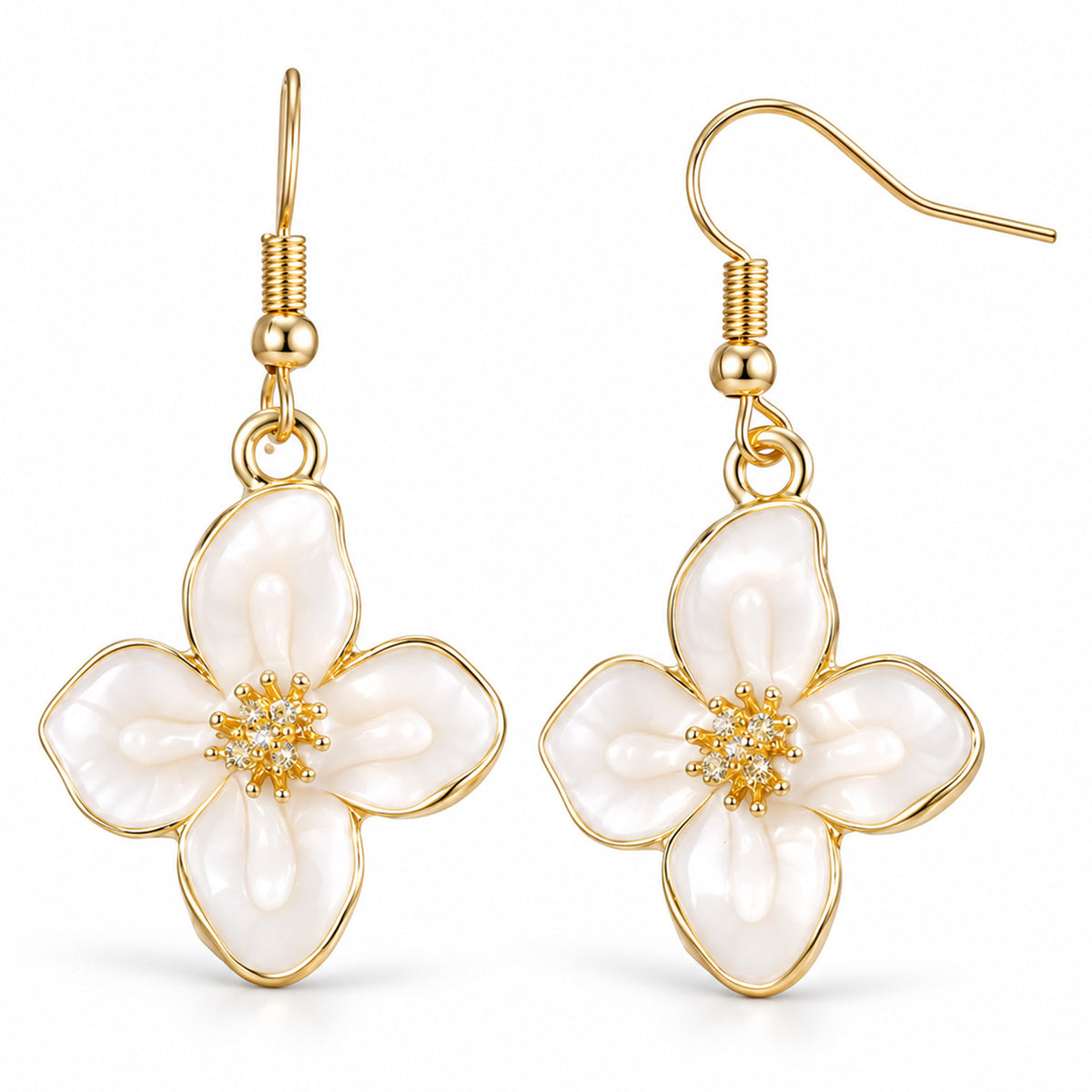 Yolev Enamel Cherry Blossom Flower Earrings Gold Fish Hook Floral Earrings