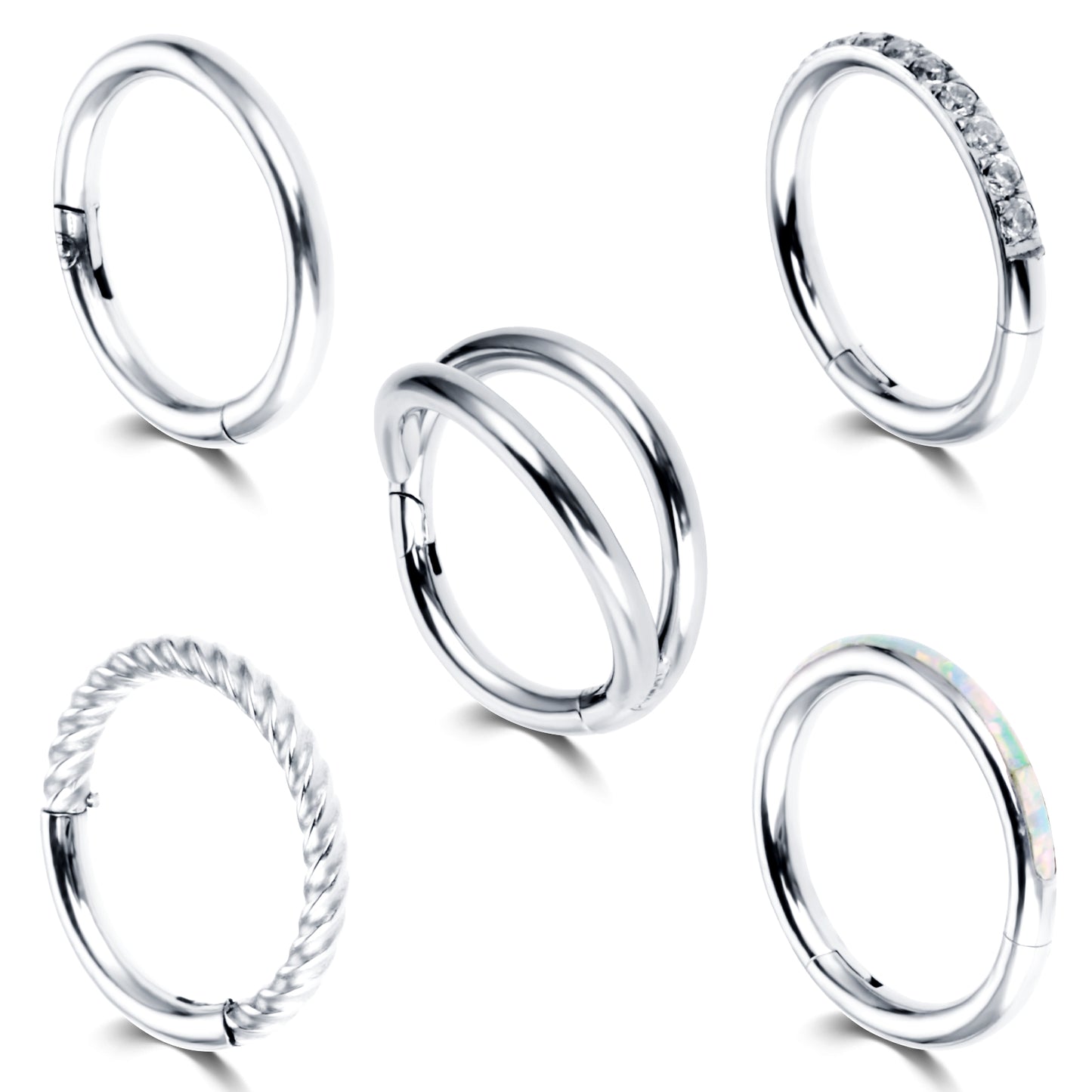 Lusofie 5Pcs 16G Hinged Nose Rings Silver Nose Rings Hoops Septum Ring Clicker CZ Tragus Cartilage Double Nose Ring Nose Body Piercing Jewelry for Women Men(8MM)