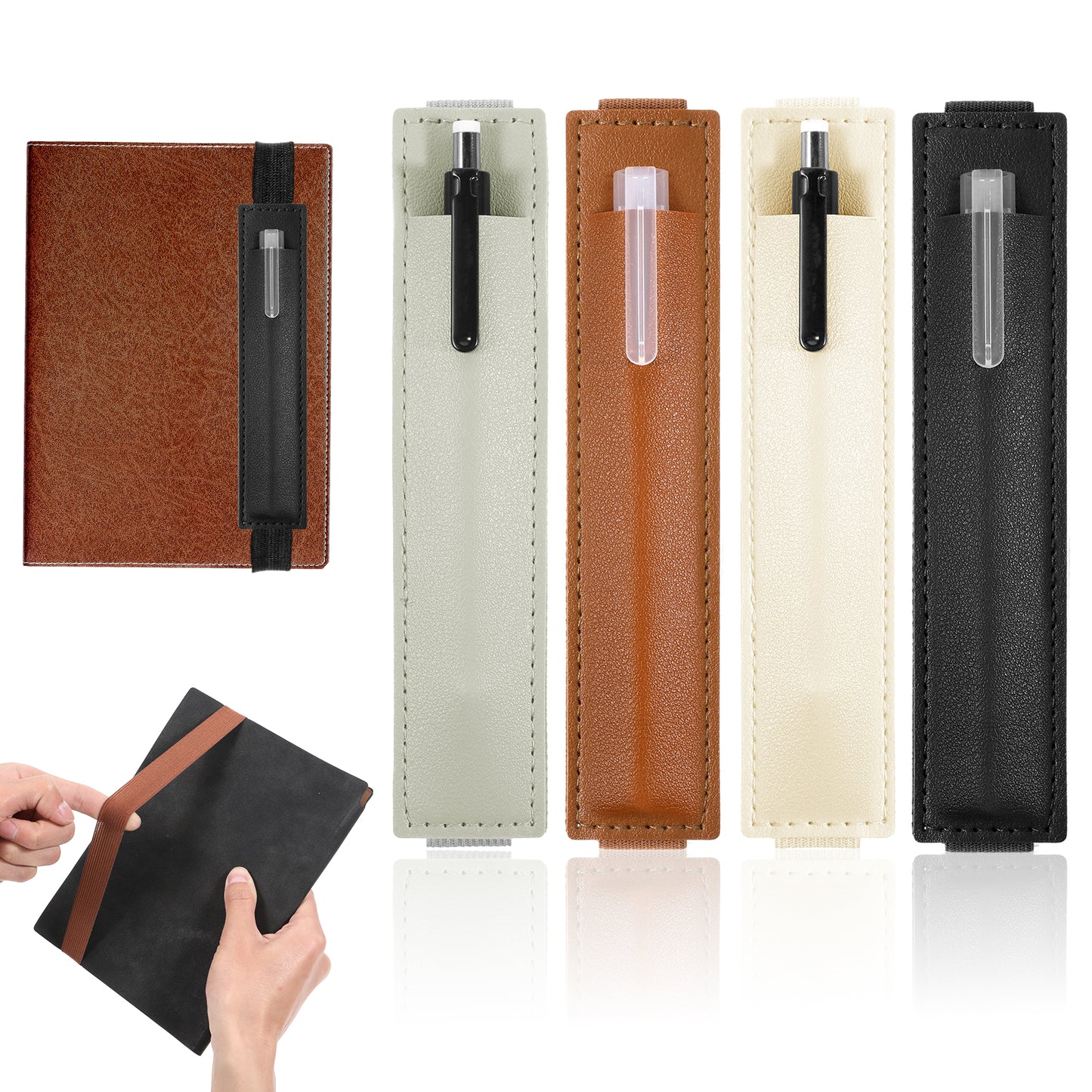 Lusofie 8Pcs Elastic Notebook Pen Holder, Adjustable Pen Sleeve Pouch, Leather Notebook Band Holders Detachable Pens Holder for Journals, Notebooks and Books