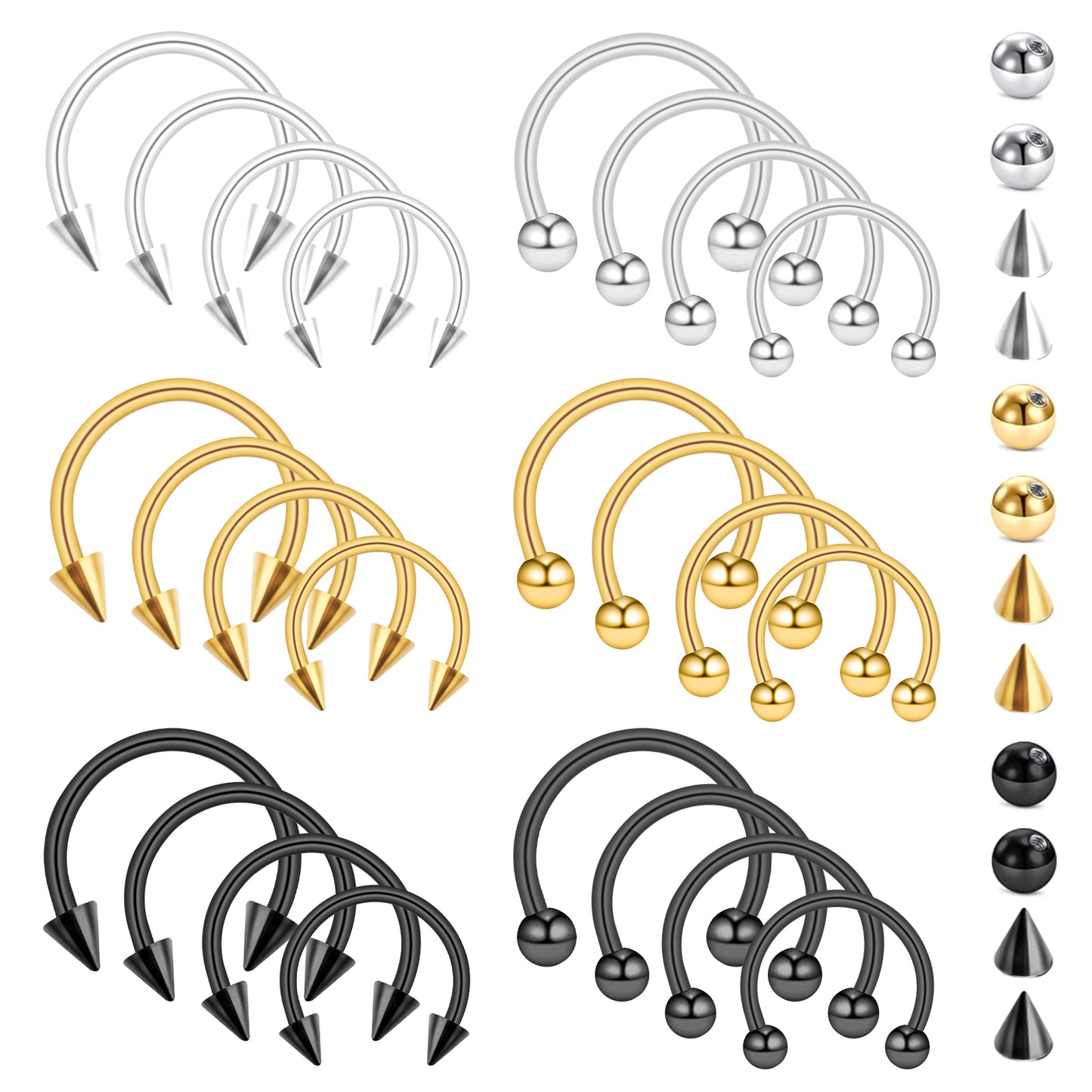 Tucnoeu 24pcs Septum Nose Rings 16 Gauge Nose Ring Multiple Different Sizes Horseshoe Nose Ring,Stainless Steel Septum Ring with 12Pcs Replacement Head for Men and Women 6-12mm Silver & Gold & Black