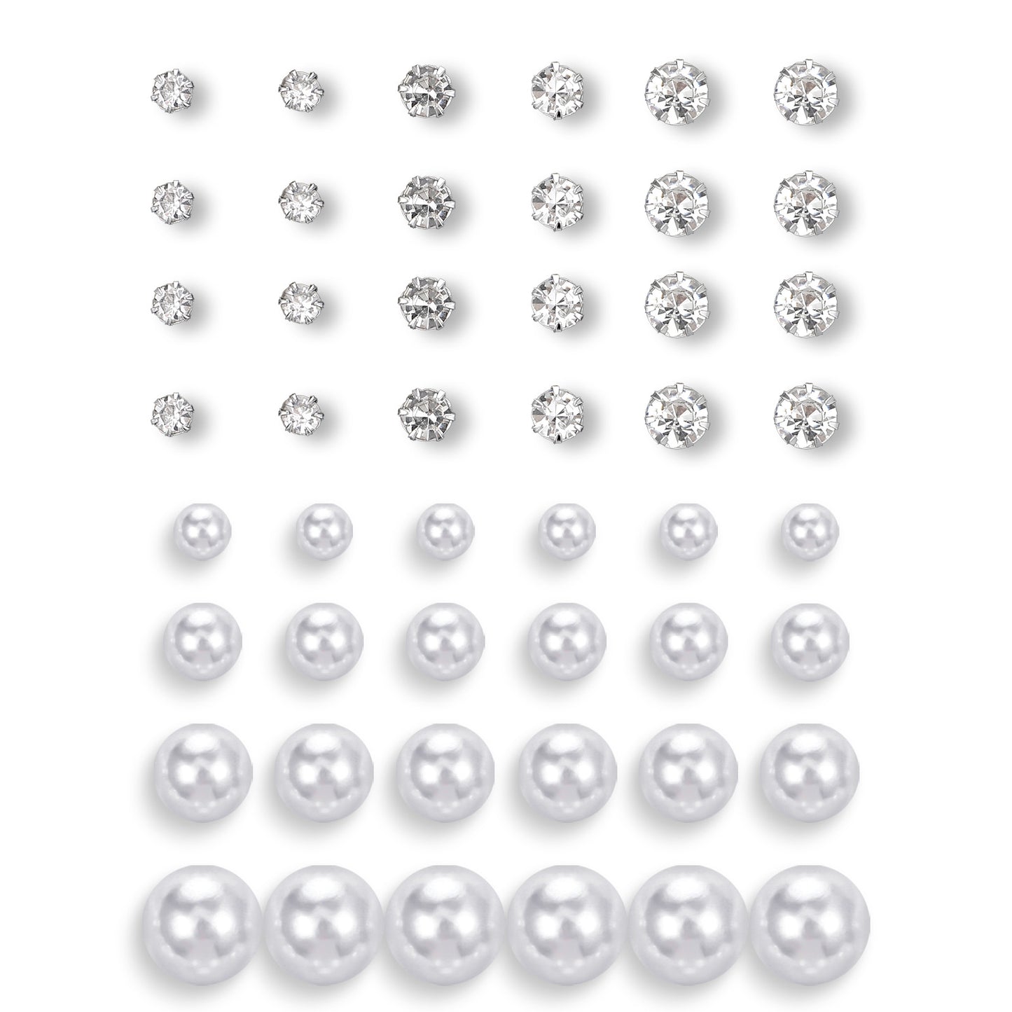 24 Pairs Pearl Studs Earrings for Women White Faux Simulated Pearl Earrings 4 Mixed Sizes Round Ball Pearls Clear Rhinestones Stud Earring Set