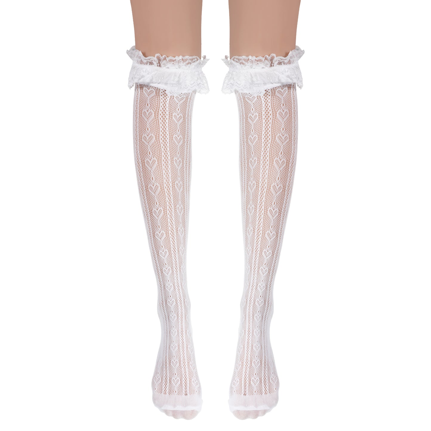Lace Knee High Socks, White Lace Socks Women, Fishnet Heart Hollow Out Over Knee High Stockings, Mesh Sexy White Thigh Highs Sock with Faux Pearls for Women Girl