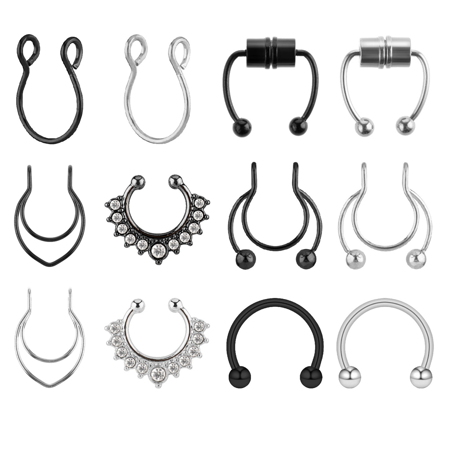 Josojoou 12Pcs Fake Nose Rings, Magnetic Septum Ring, Clip on Nose Ring Stainless Steel Non Piercing Jewellery Fake Septum Piercing for Women Men(Black, Silver)