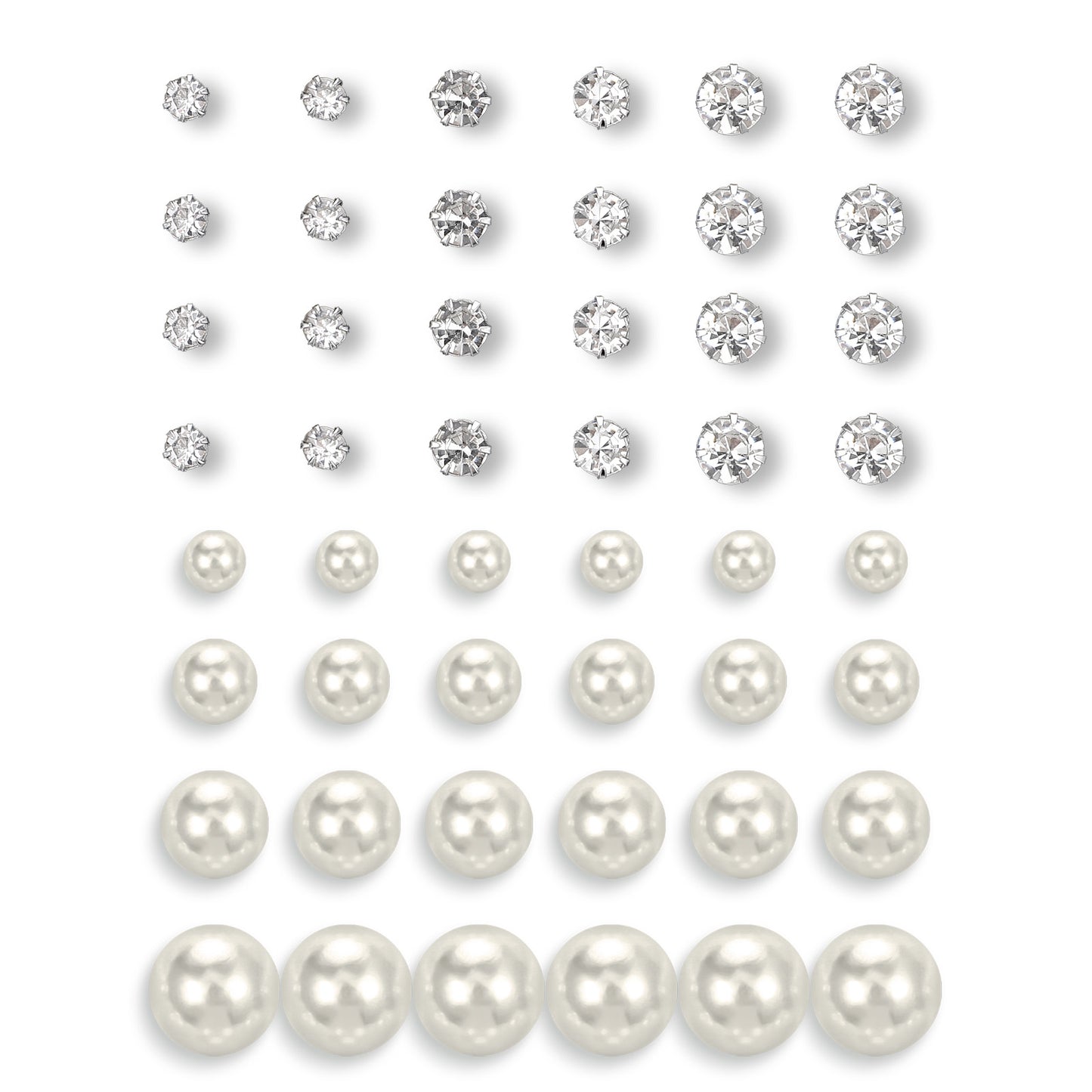 24 Pairs Pearl Studs Earrings for Women Beige Faux Simulated Pearl Earrings Mixed Sizes Round Ball Pearls Clear Rhinestones Stud Earring Set