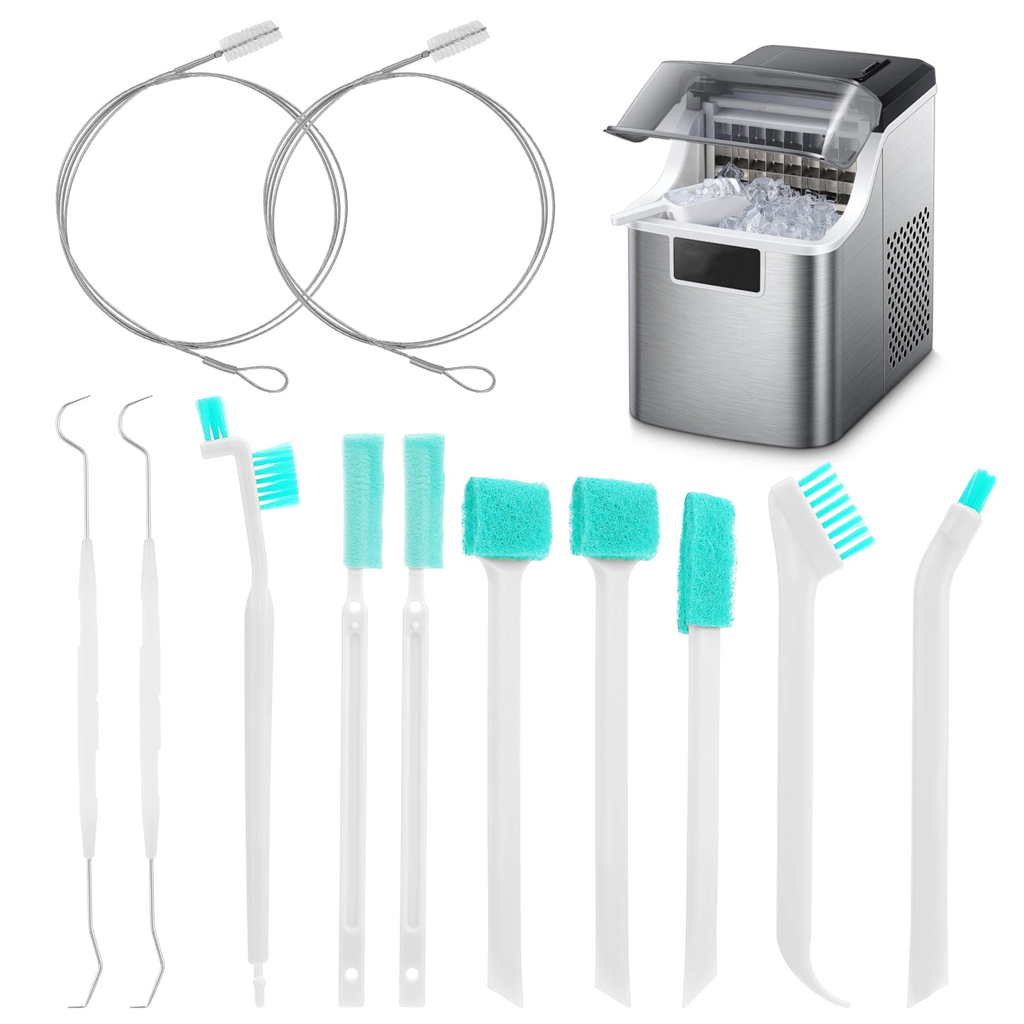Ice Maker Cleaner Set Include 8pcs Ice Machine Cleaner Brushes,2 Pcs Extra Long Pipe Drain Cleaners Brush and 2pcs Double Ended Crochet Hook Household Cleaning Brush Detail Cleaner Brush