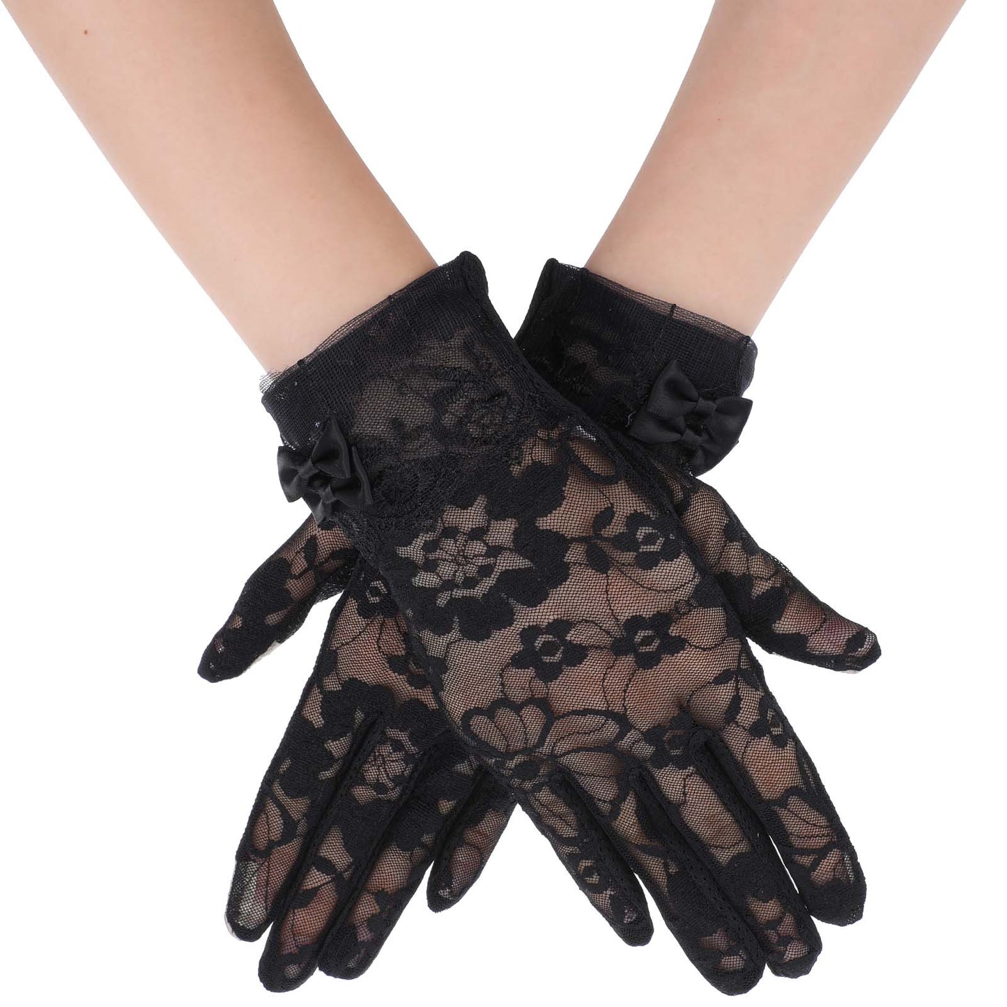Yolve Black Gloves Women Floral Lace Gloves Women Tea Party With Bow Short Mitten Sheer Glove Women for Wedding Opera Tea Party Halloween Events Costume Accessories