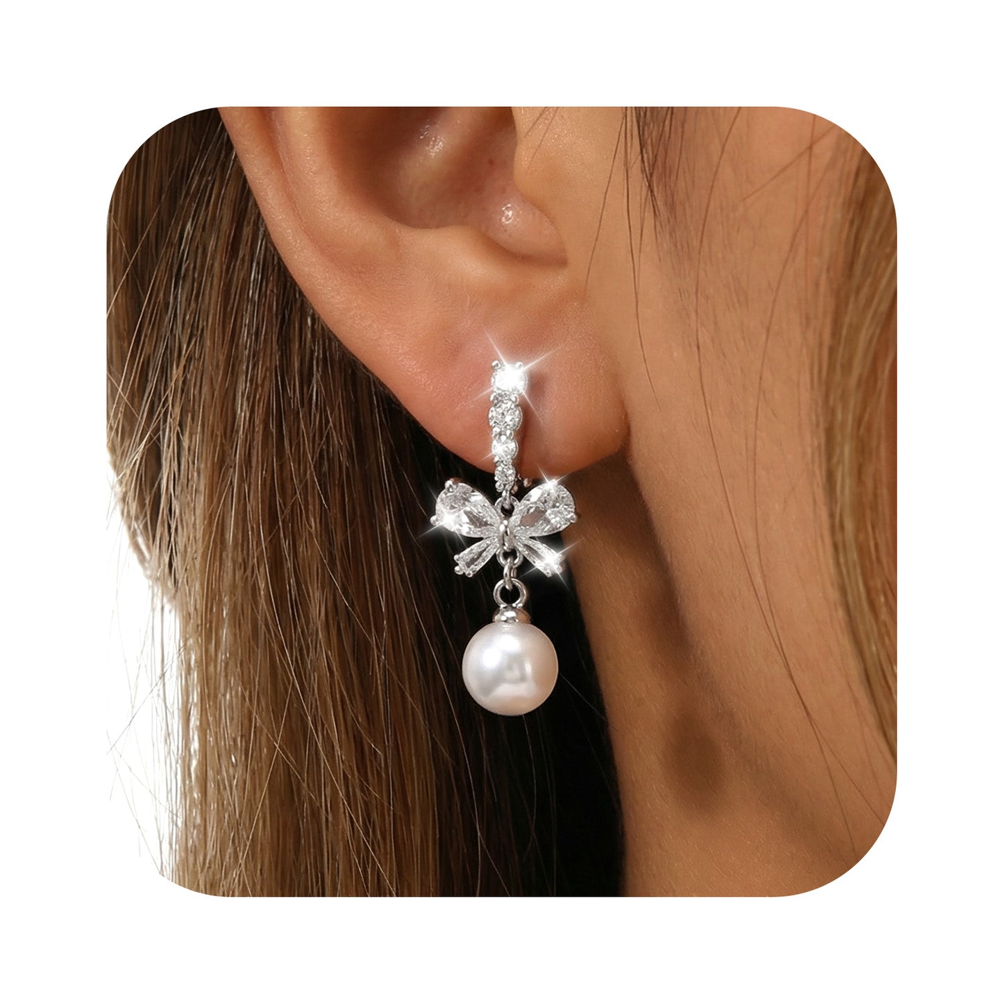 Yolev Pearl Bow Earrings for Women Silver Bow Pearl Earrings Trendy Rhinestone Bows Dangle Earrings for Women Bridal Shower Wedding Gifts Bowknot Tassel Jewelry
