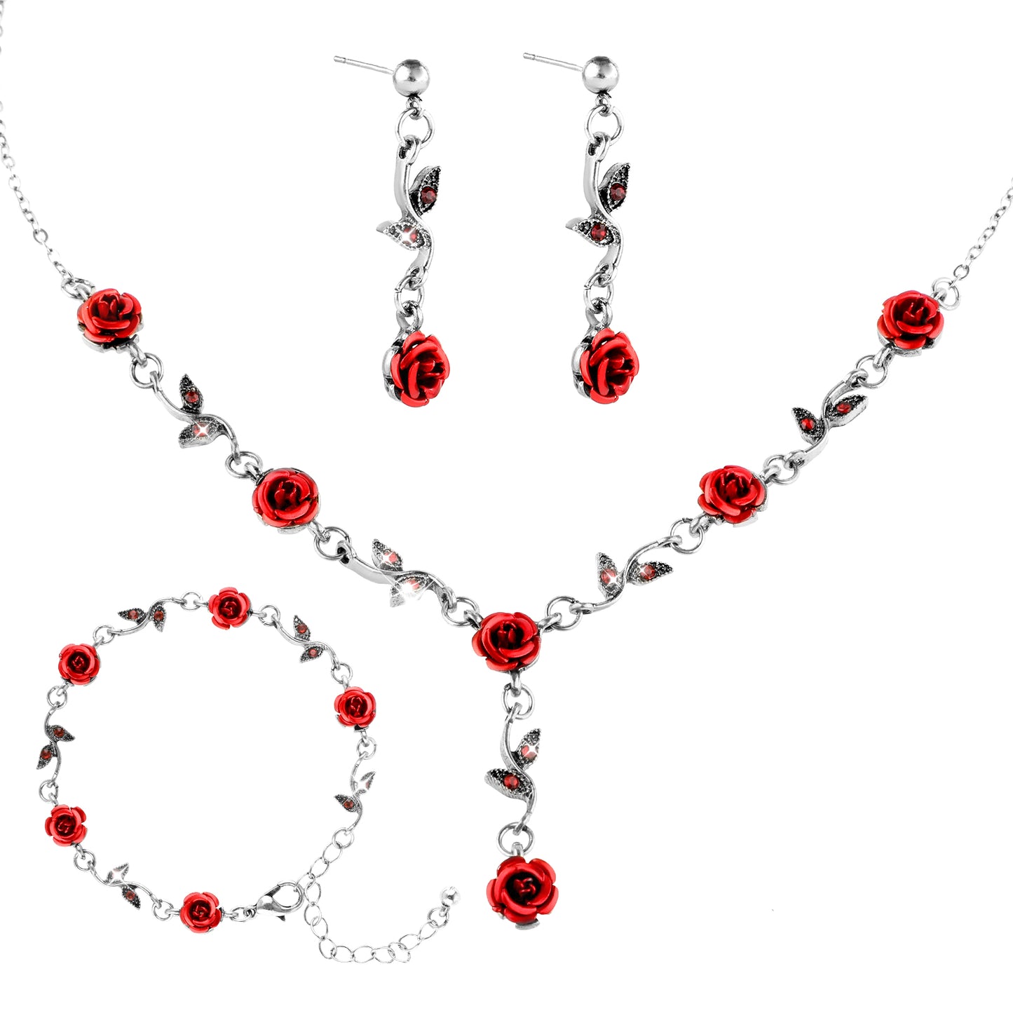 Packing List:Rose flower jewelry set including 1 red rose pendant necklace, 1 pair of dangling red rose earrings and 1 rose flower bracelet, the rich quantities are enough to meet your daily using and