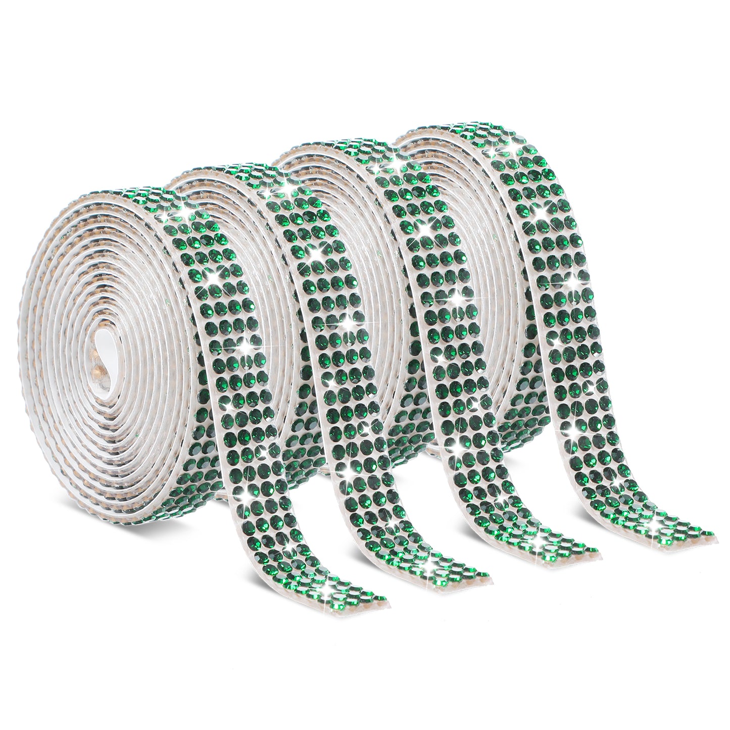 Self Adhesive Rhinestone Ribbons 4 Rolls Bling Crystal Rhinestone Strips Stickers Glitter Wrap Roll for DIY Crafts Clothes Car Shoes (4 Rows of 1 Yard, Green)