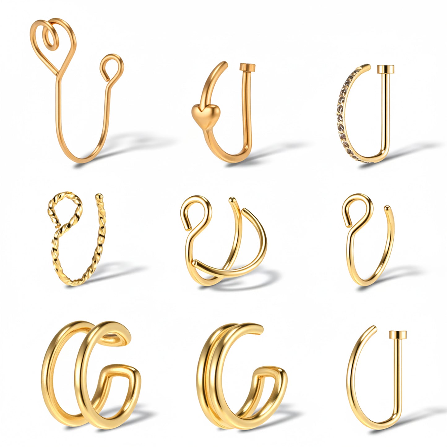 Neyauo 9Pcs Gold Stainless Steel Fake Nose Rings, Clip On Nose Hoops, Non Piercing Jewelry, Double Hoops, Faux Nose Ring Cuff