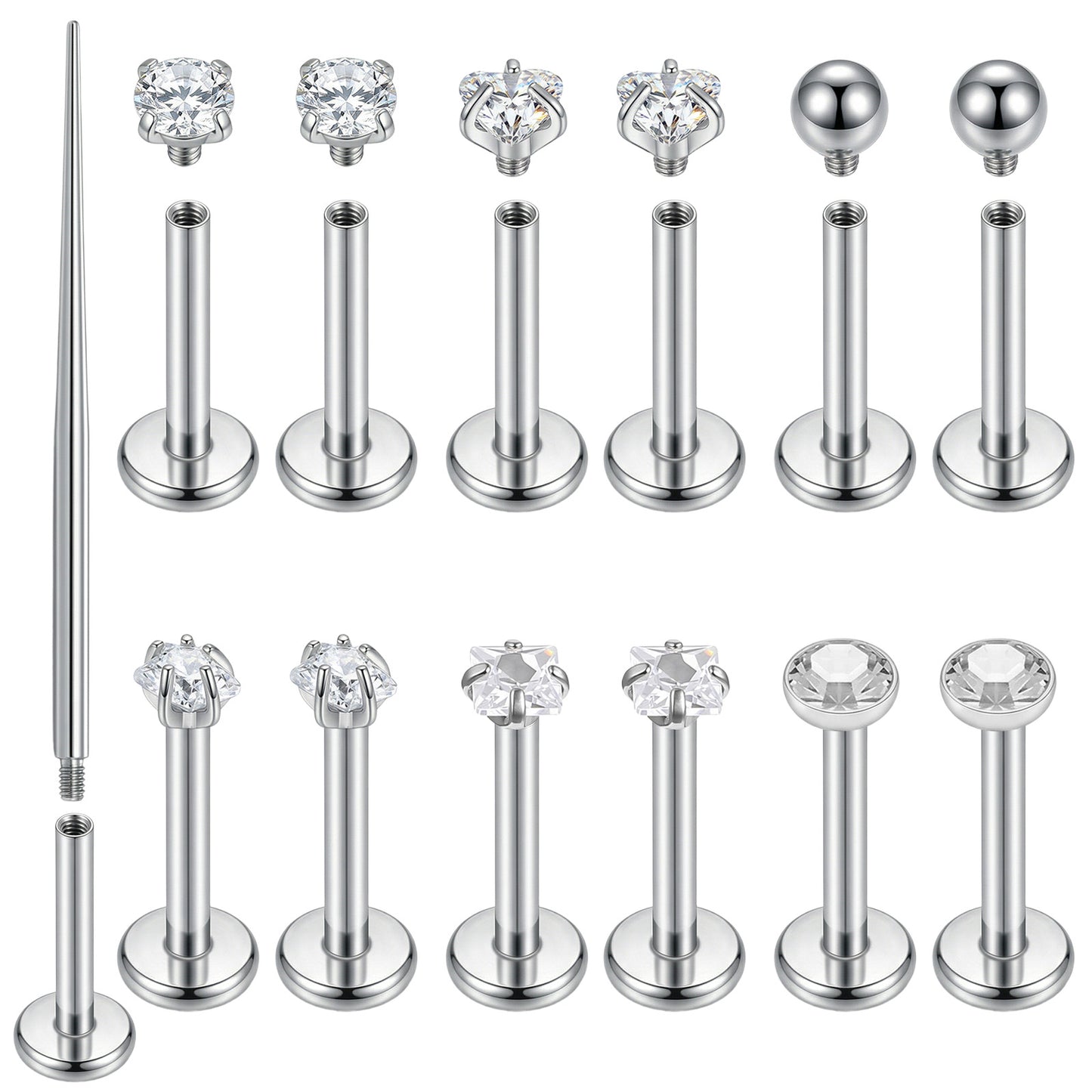Josojoou 6pairs 16G Labret Piercing Jewelry, Stainless Steel Flat Back Nose Stud with a Guiding Needle, Internally Threaded Lip Rings for Women with Zirconia, Labret Jewelry (8mm)