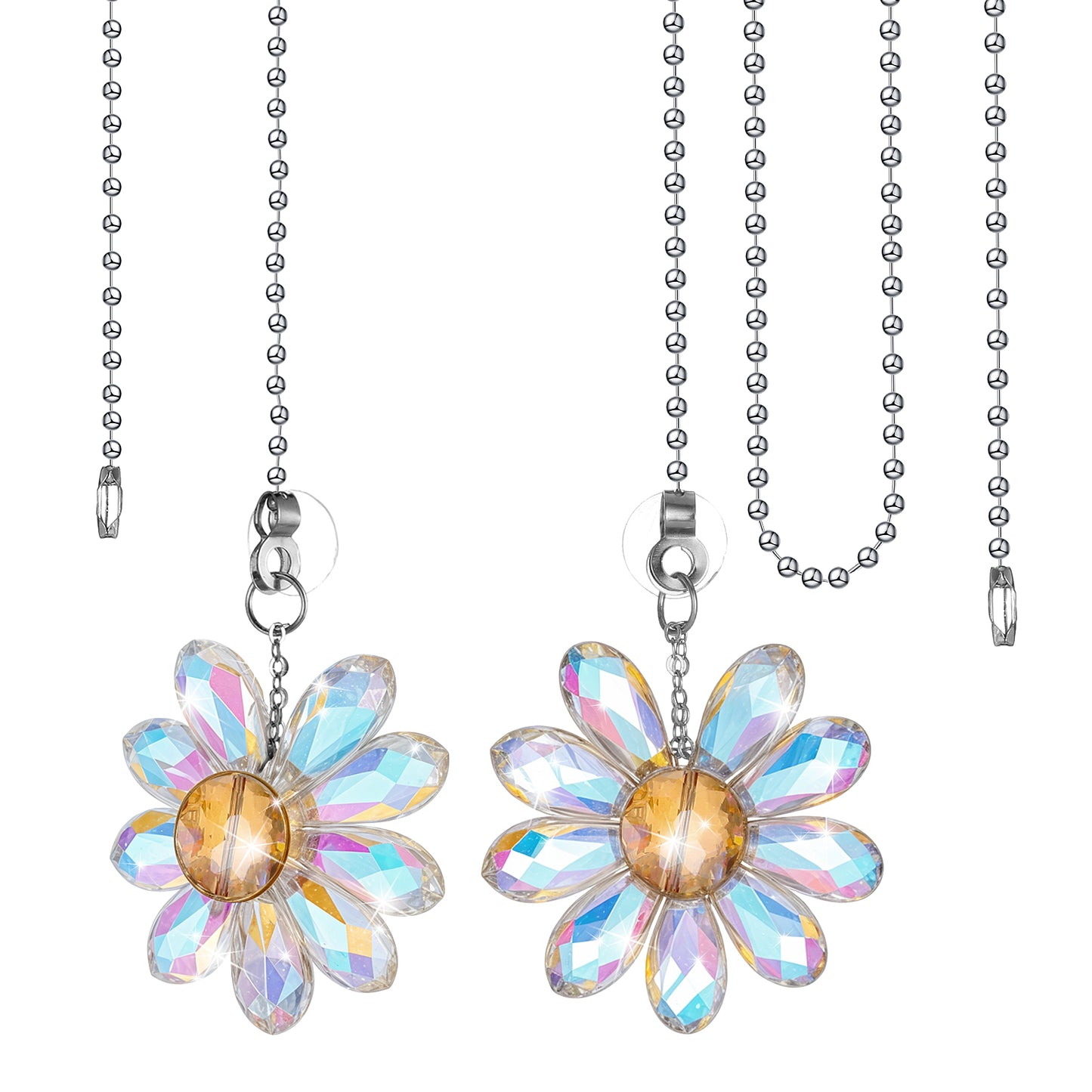 Ceiling Fan Pull Chain, 2 Pieces 1.8" Crystal Glass Flower Pendants with 24" Ceiling Fan Chain Extender and Connector, Decorative Fan Pull Chain for Ceiling Light Fixtures, Bedside Lamps (Crystal AB)