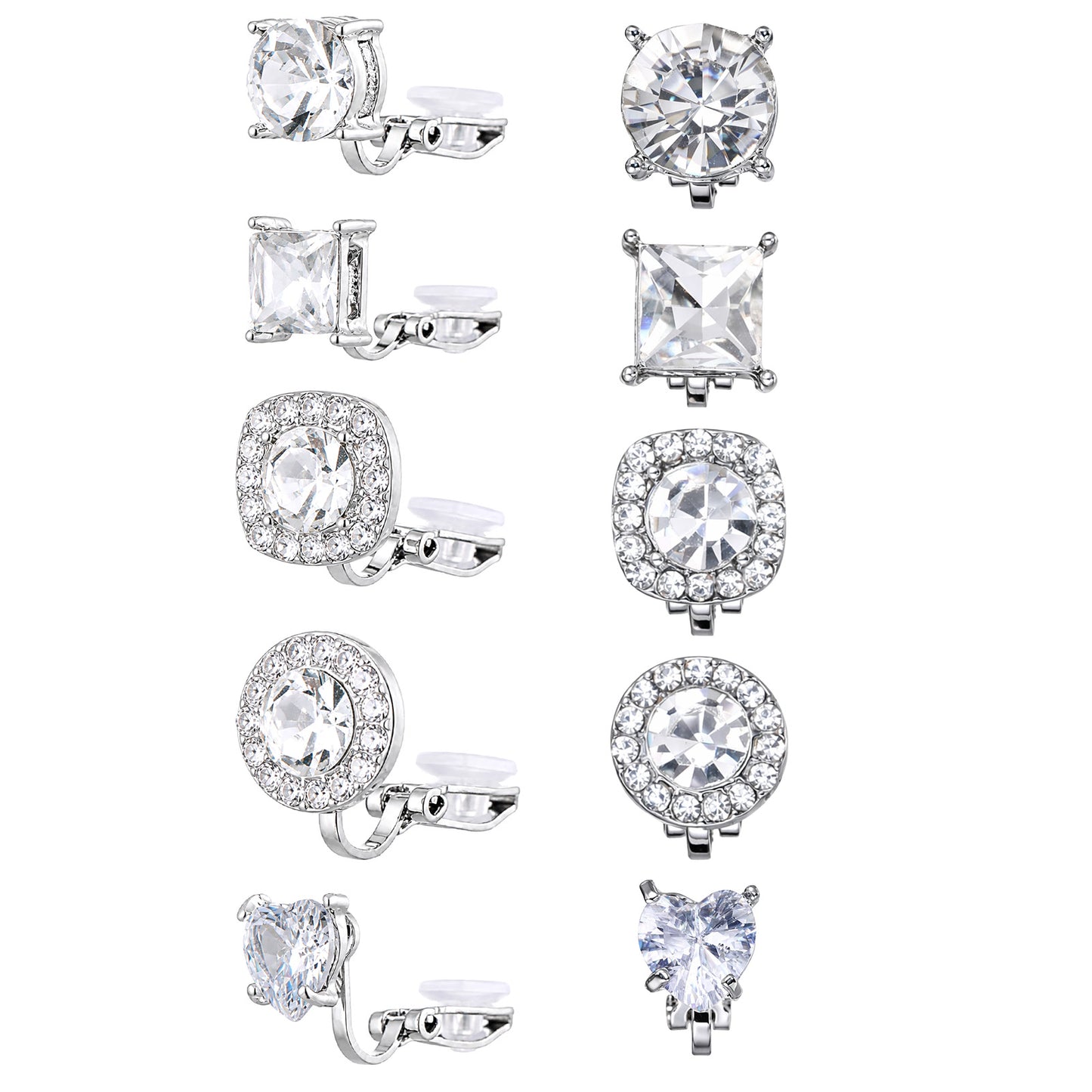 5 Pairs Silver Cubic Zirconia Clip On Earrings for Women, Non Pierced Stud Earrings with Comfort Cushion, Bridal Jewelry Set for Wedding Party