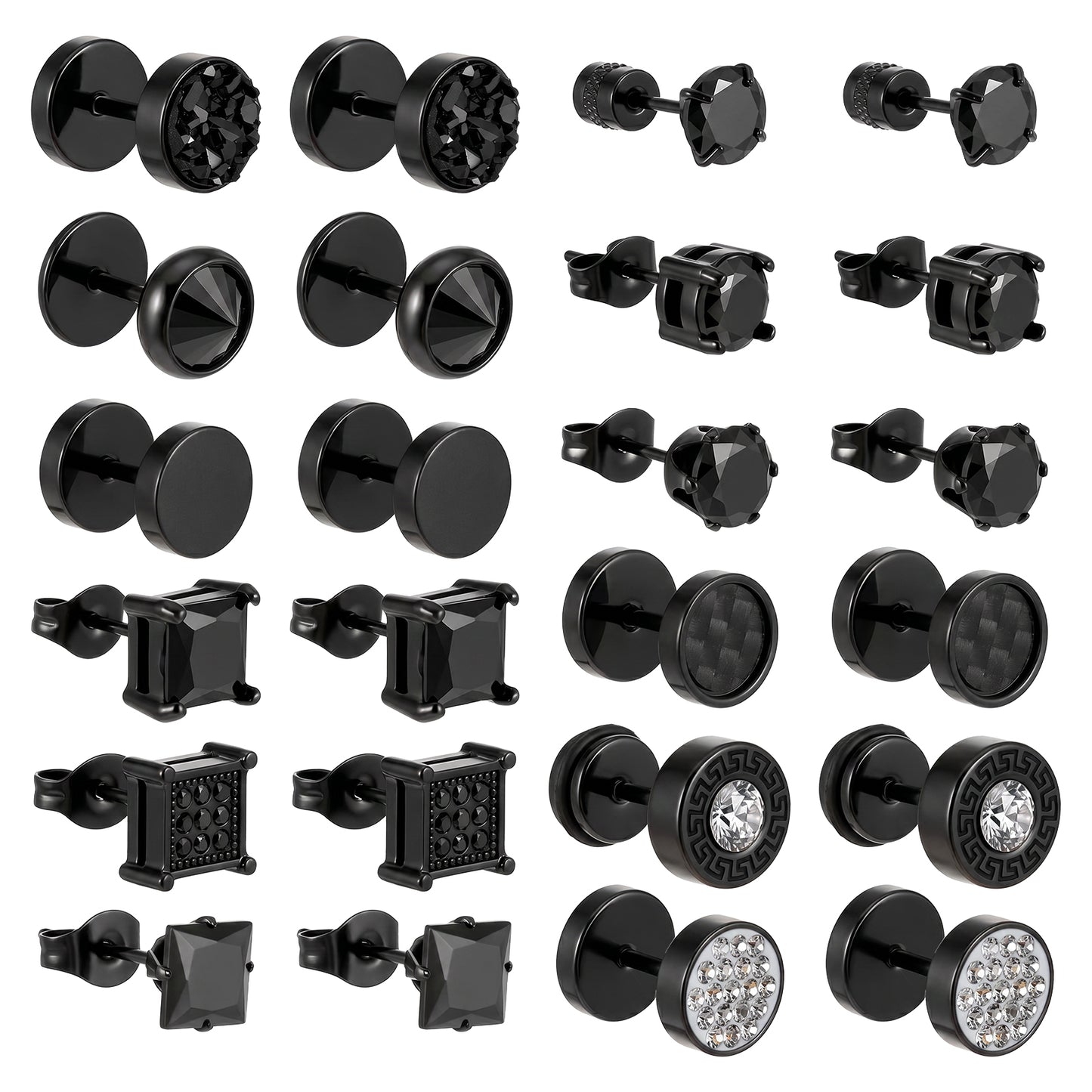 12 Pairs Black Earrings for Mens Stainless Steel Black Earrings Studs Square Cubic Zirconia Stud Earring Stylish Barbell Earring Set for Men Women(6mm, 8mm)