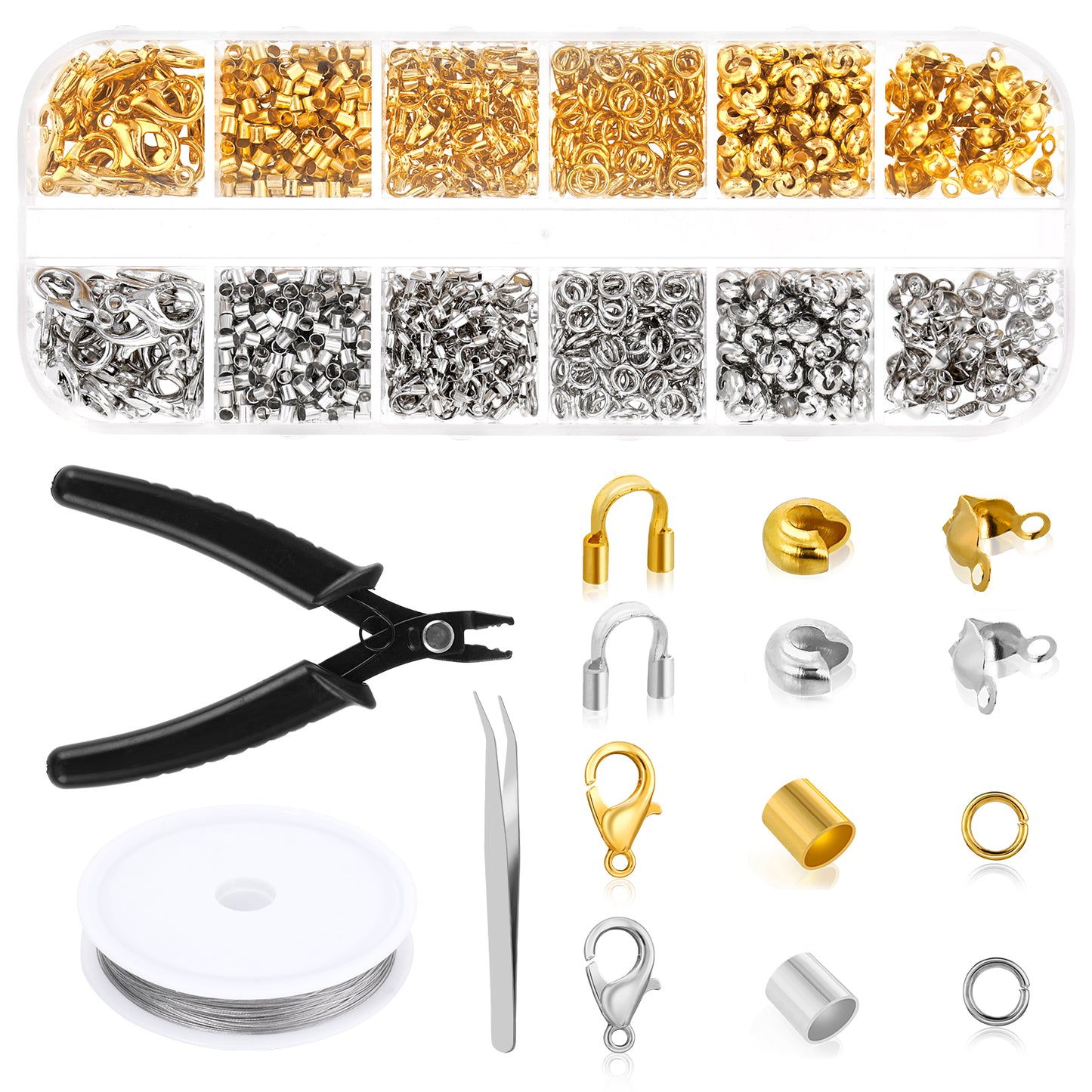Crimp Bead Kit for Jewelry Making - 1200 Pcs Crimp Beads, Crimp Caps, Crimp Tubes and Wire Guards, Lobster Clasps, Jump Rings, Crimp Pliers and Crimp Wire for Jewelry Making(Silver,Gold)