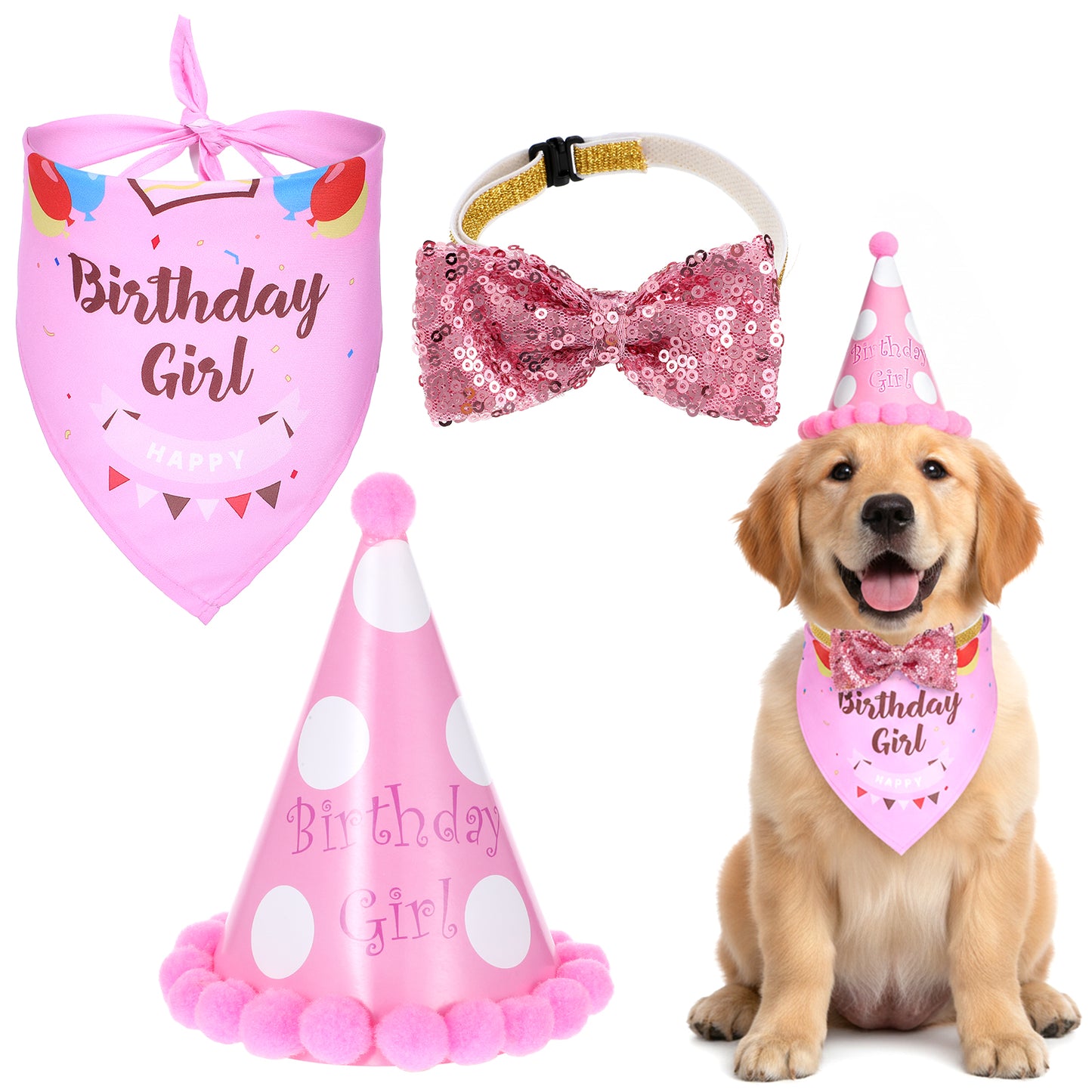 Dog Birthday Bandana, "Birthday Girl" Dog Birthday Hat Girl Dogs Party Birthdays Hat Bow Tie for Pet Puppy Cat Birthdays Party Decorations Costumes Headwear