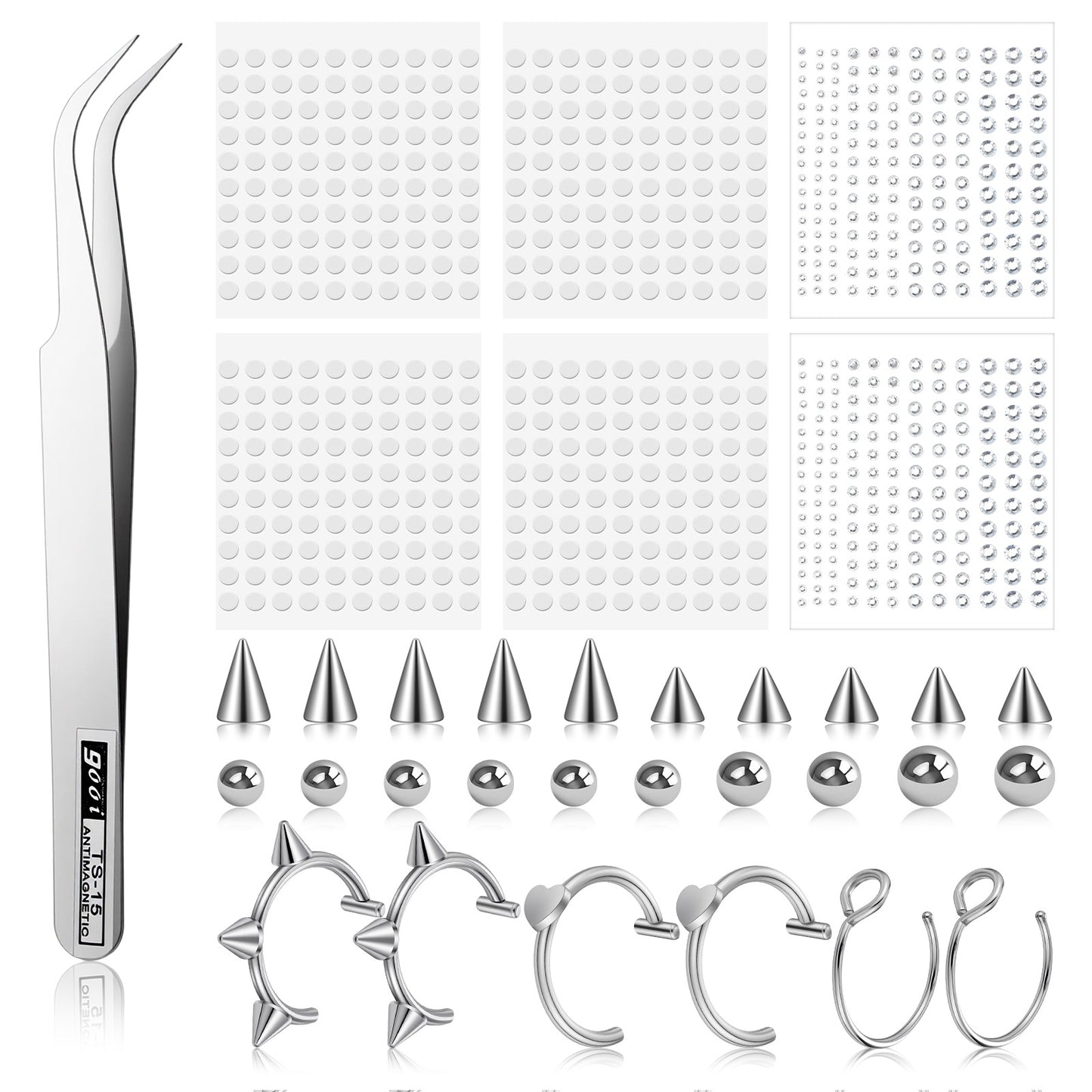 Yolev 26pcs Fake Piercing Balls Fake Eyebrow Rings Lip Labret Nose Studs 3mm/4mm/5mm/6mm Steel Color Piercings Balls With Sticker Tweezers Non-Piercing Nose Rings Hoop Easy to Wear and Remove