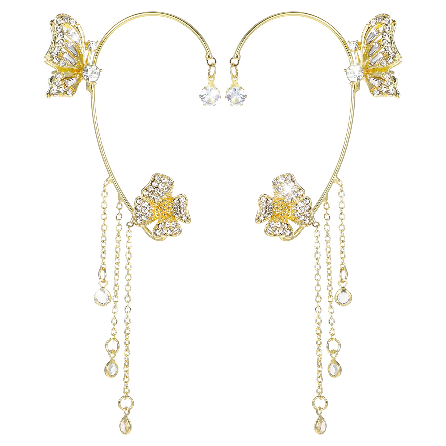 Butterfly Ear Cuff Glitter Zircon Earrings for Women No Piercing Ear Clip Wrap Around Rhinestone Earrings for Wedding Party Christmas Accessories (Gold)