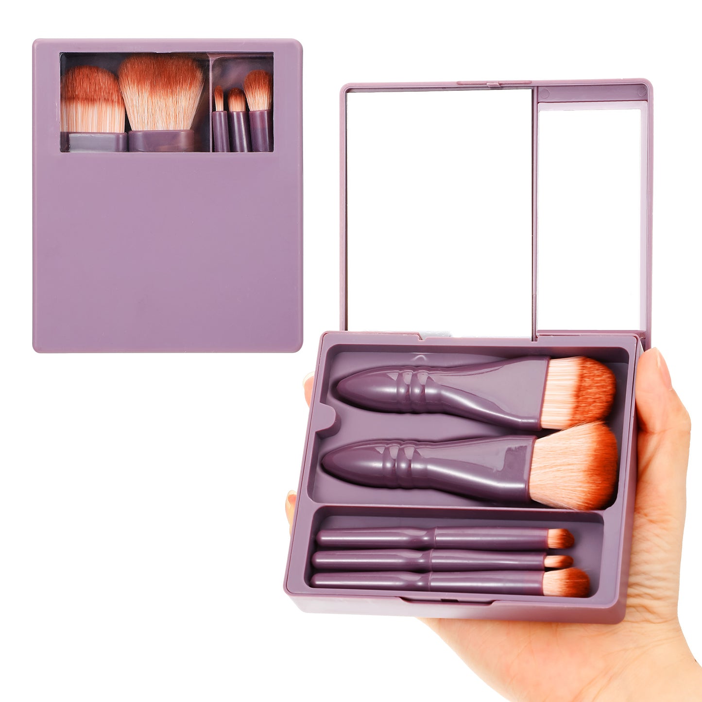 Travel Size Makeup Brushes Set with Case and Mirror, 5Pcs On The Go Soft Mini Essentials Cosmetic Brushes, Small Essentials Function Cosmetic Brush Tools(Purple)