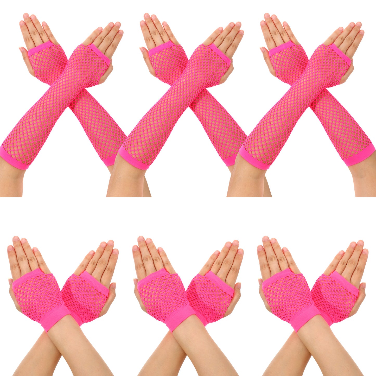 Fishnet Gloves, 6 Pairs Fingerless Fish Net Gloves for Women, Long and Short Stretch Retro Arm Sleeves Halloween Outfit(Rose Red)