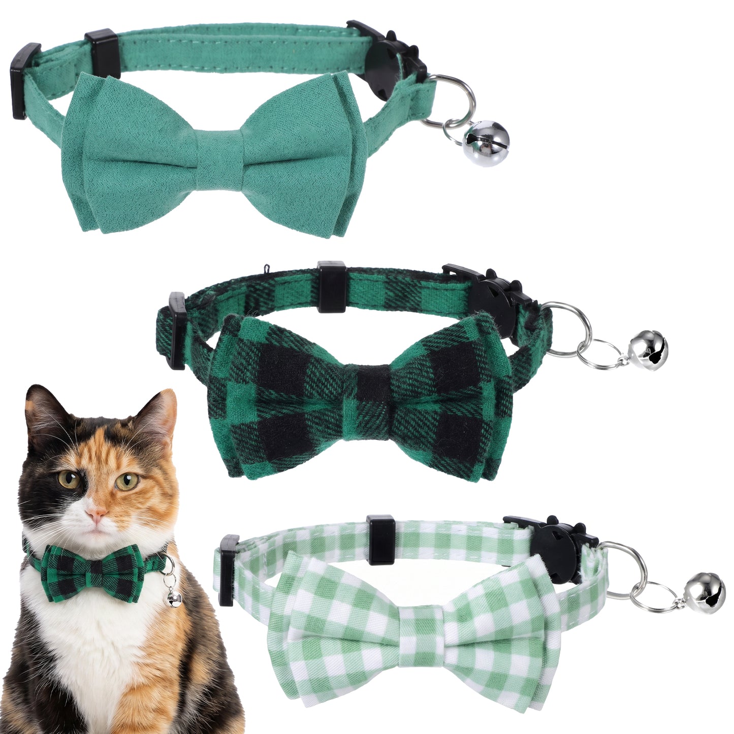 3pcs Bow Tie Cat Collar with Bells, Breakaway Bowtie Plaid Cat Collar, Soft Adjustable Bow Cats Collars for Kitten Puppy and Small Pets(Green)