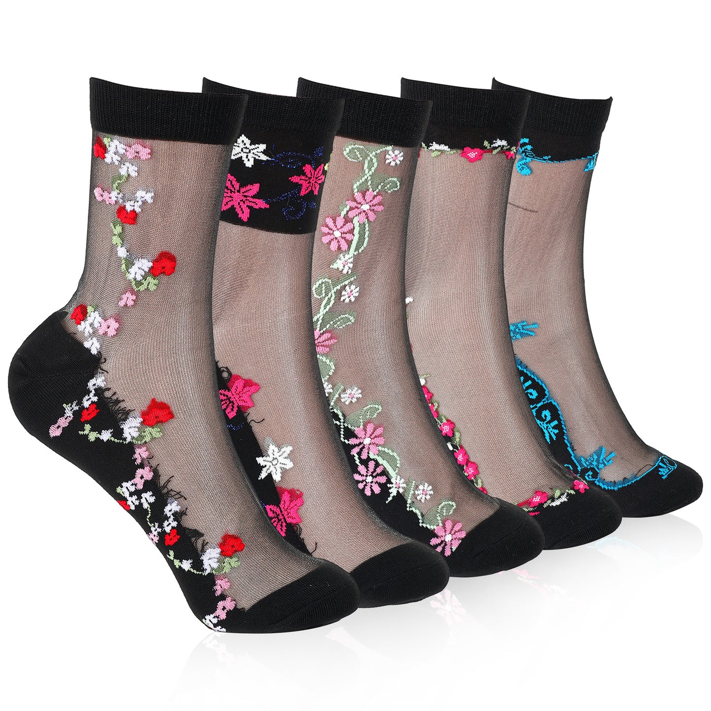 HekouJiub 5 Pairs Womens Sheer Socks, Ultra Thin Mesh Socks with Flowers, Ankle Length Sock Candy for Womens Summer (Black)