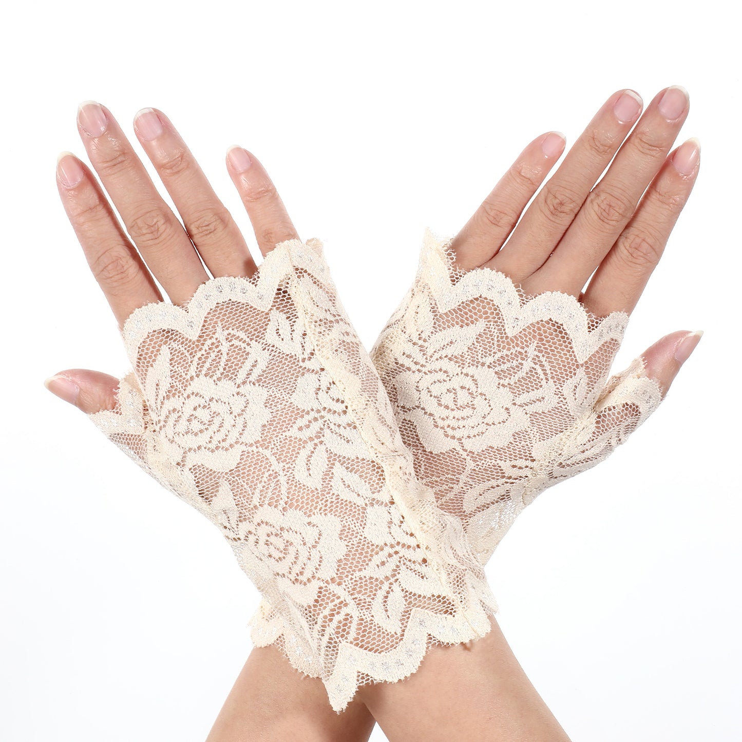 Yolev Lace Fingerless Gloves Elegant Short Lace Gloves for Tea Party Bridal Prom Wedding Dinner Party Funeral Cosplay Halloween(Beige)