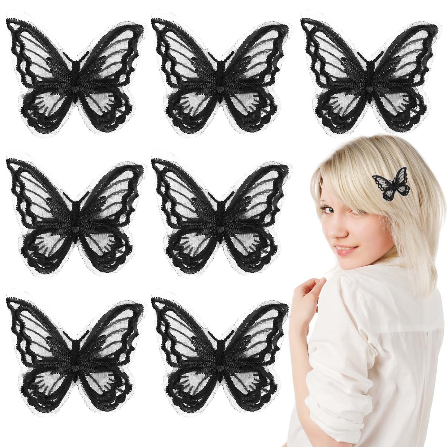 8 Pcs Black Butterfly Hair Clips, Lace Embroidery Hair Clips Butterfly, White Butterfly Wedding Hair Clip for Women Girls Halloween Party Decor(Black)