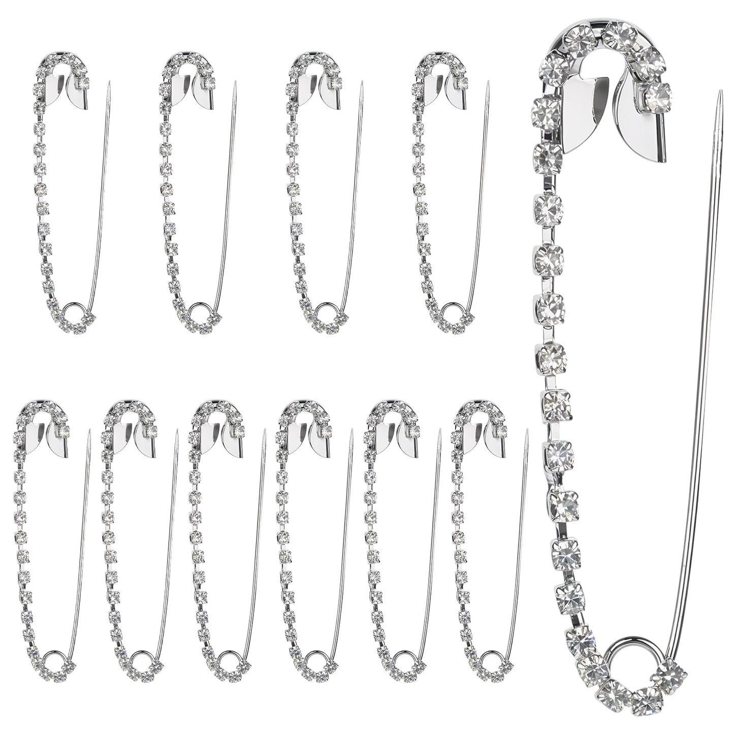 10Pcs Rhinestone Safety Pins Brooches Silver Rhinestone Brooch 2.12x0.47Inch Shiny Brooch Pins for Women Girl Outfit Decorative