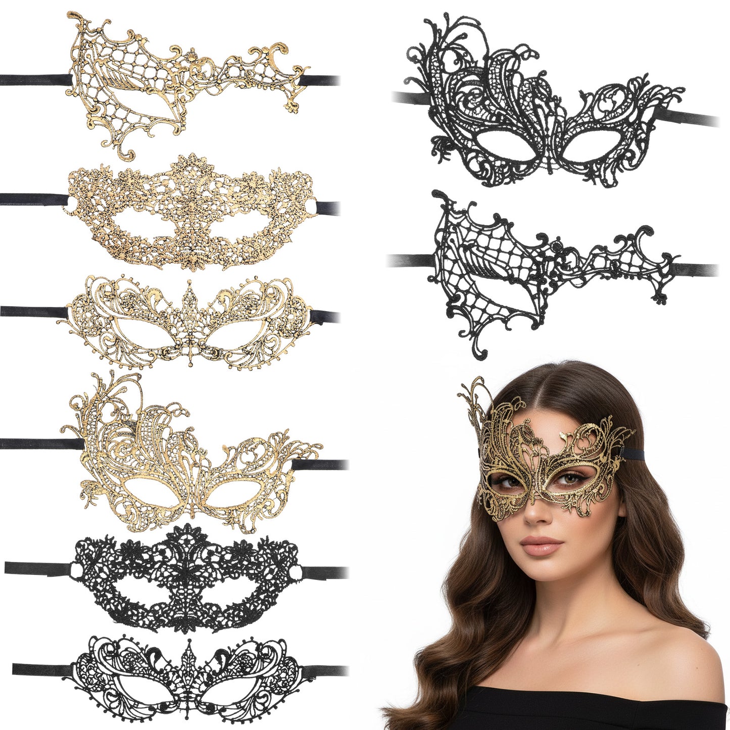 Neyauo 8PCS Lace Masquerade Mask For Women, Lightweight Design Adults Masquerade, Venetian Mask with Adjustable Ribbon Straps For Halloween Costume Prom Ball Party Wedding Cosplay(Black and Gold)