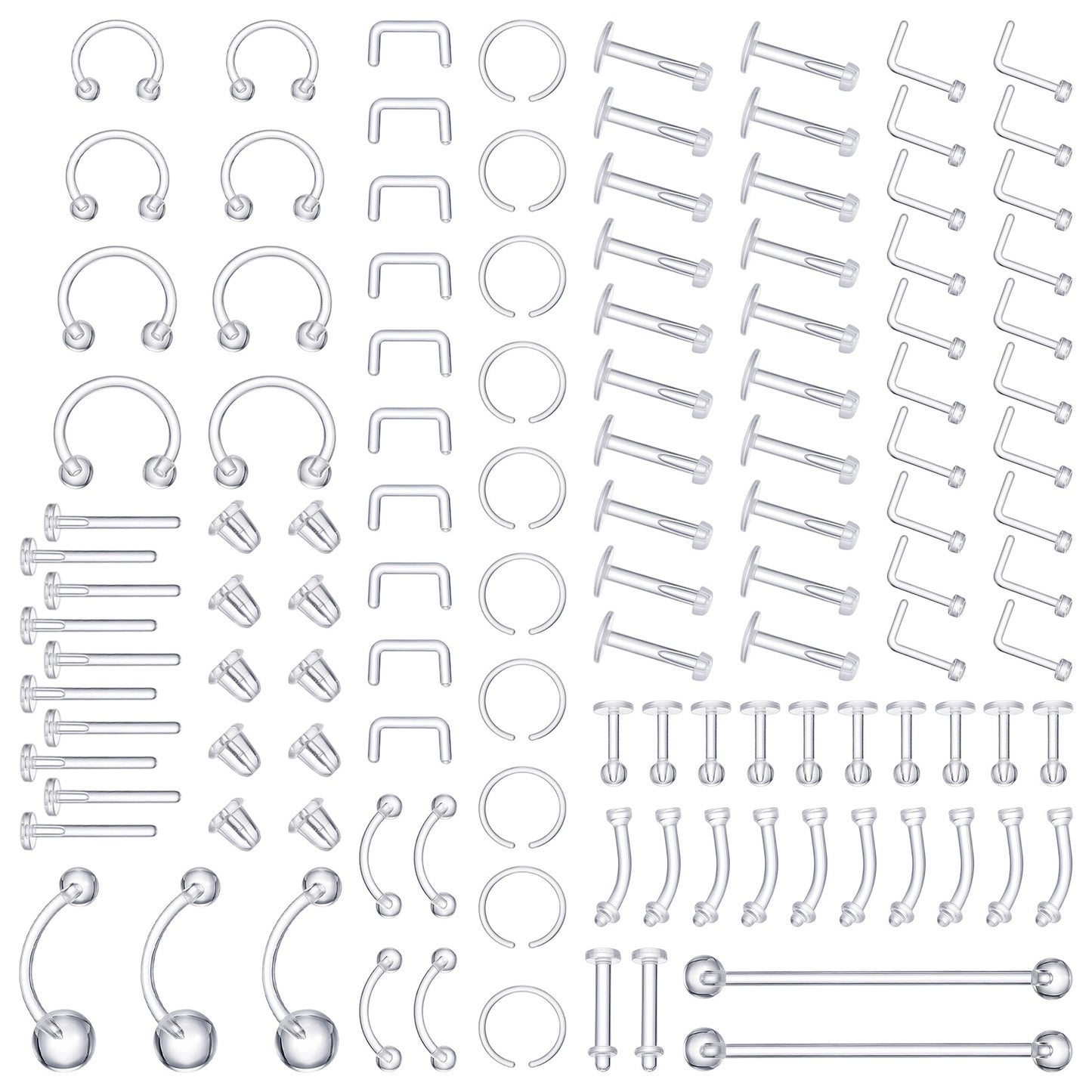 DIVINA VITAE 109 Pcs Clear Acrylic Piercing Retainers Kit, Nose Septum Eyebrow Lip Labret Retainer Tongue Belly Tragus Cartilage Rings Bioflex Plastic Industrial Barbell Jewelry for Work Surgery