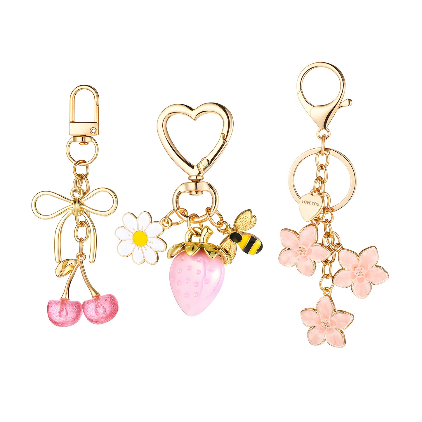 Yykazqe 3PCS Bag Charms for Handbags, Cute Purse Charms Keychain Accessories for Women, Cherry Strawberry Flower Design, Mother's Day Birthday Gift (Pink)