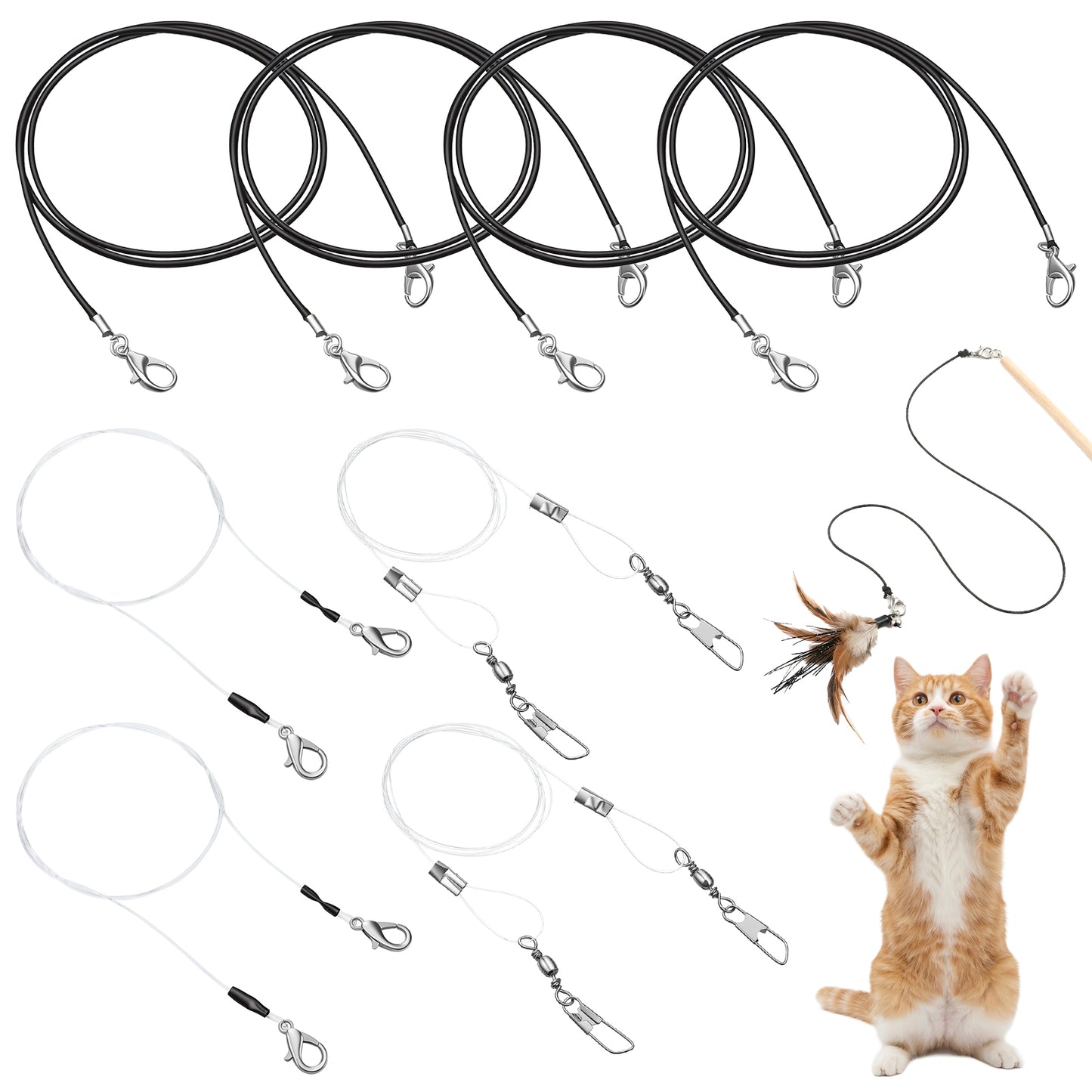 Tucnoeu Replacement Strings for Cat Wand Toy - 8pcs Durable Nylon Strings with Lobster Clasps for All Lures, Cat Stick - 25in Long, Universal Fit