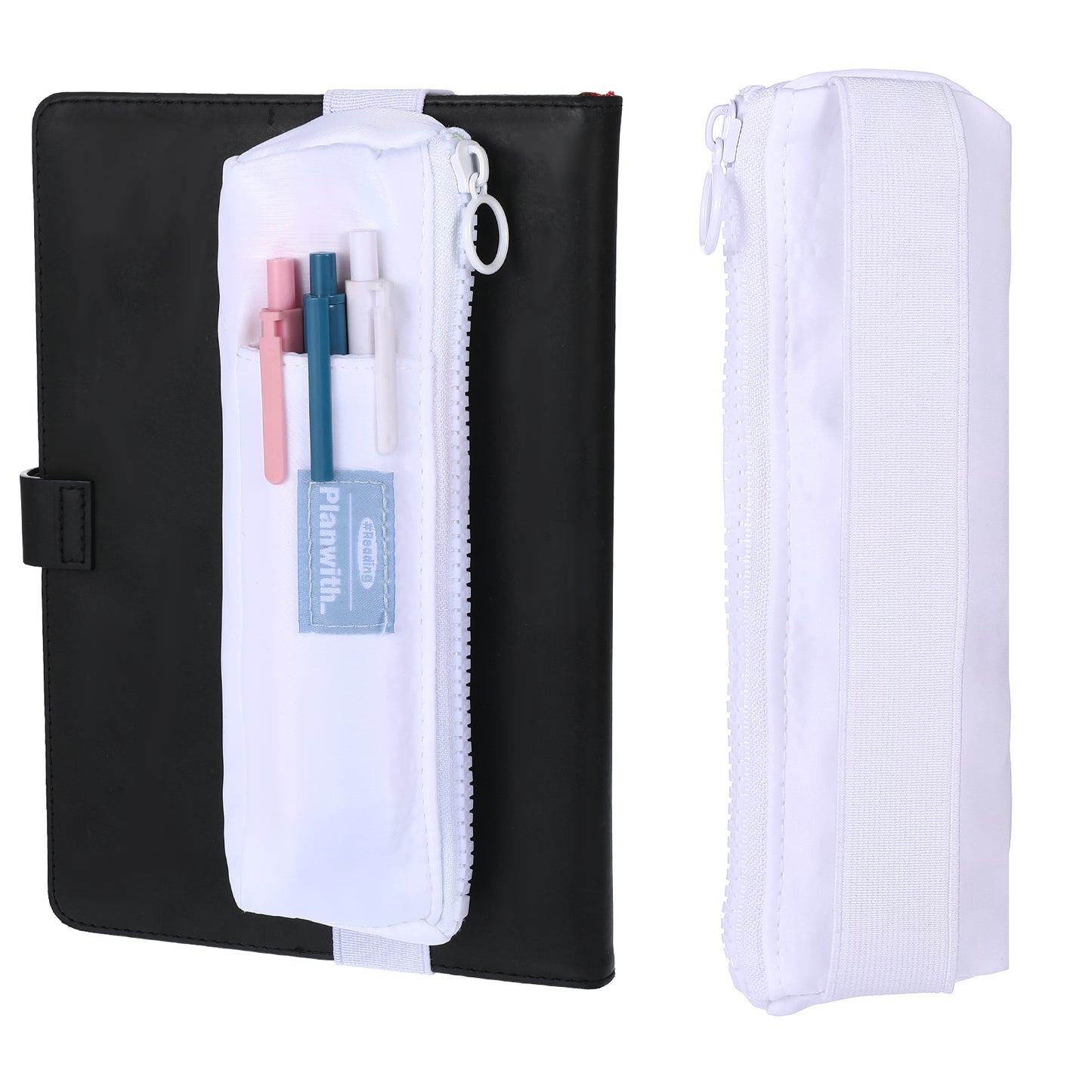 Elastic Pen Holder for Notebook, Zipper Notebook Pencil Pouch Small Pencil Holder Pouch with Adjustable Elastic Band Slim Pencils Bag Journal Pen Holders for Office Home Stationary Supplies(White)