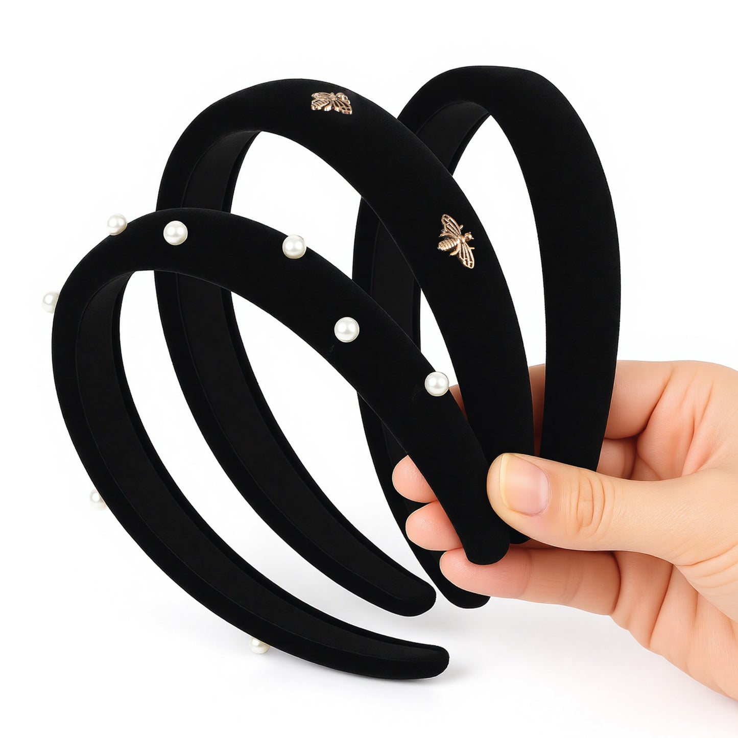 3PCS Black Velvet Headbands For Women - Non Slip Padded black headbands 3 styles - fashion stylish headband for women With Pearl & Bee Design