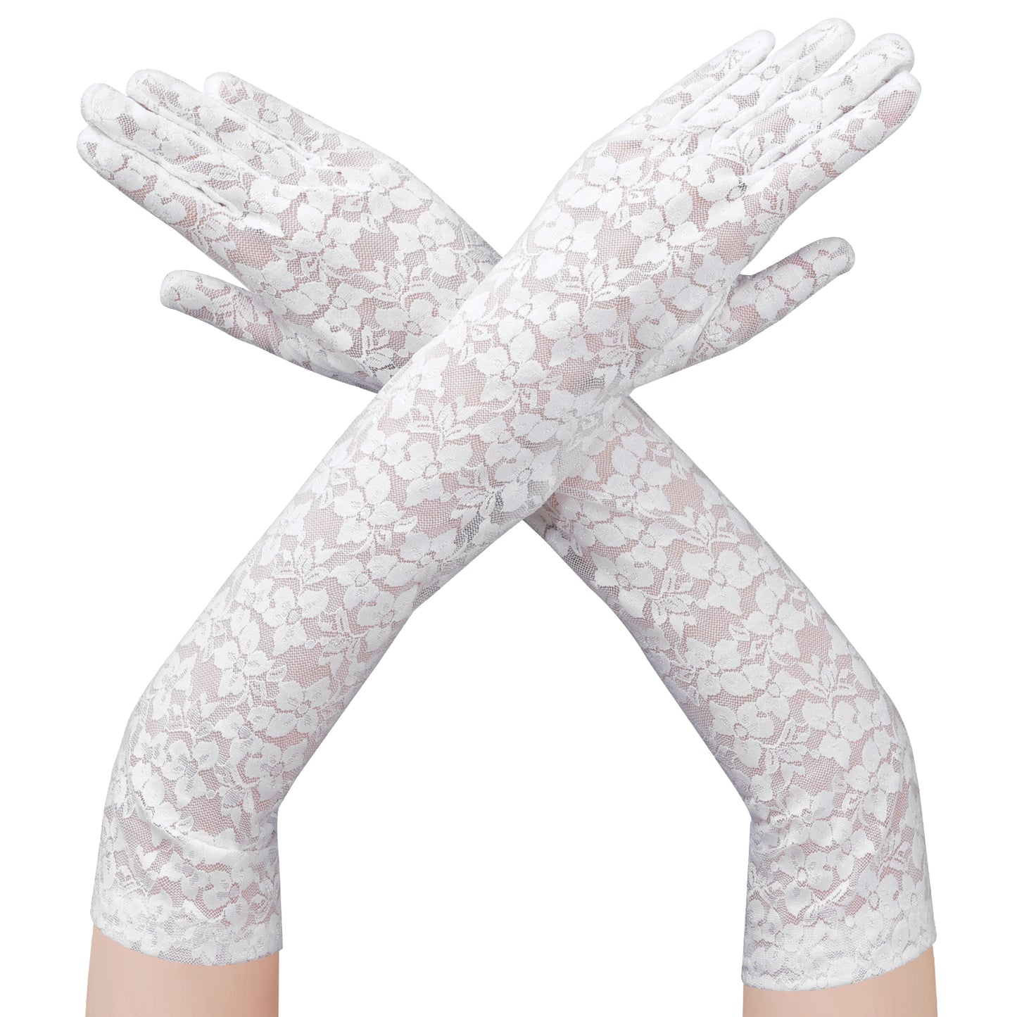 Lace Gloves Women Long Floral Lace Sheer Gloves Elegant Elbow Length Opera Mittens for Tea Party Bridal Wedding Masquerade (White)