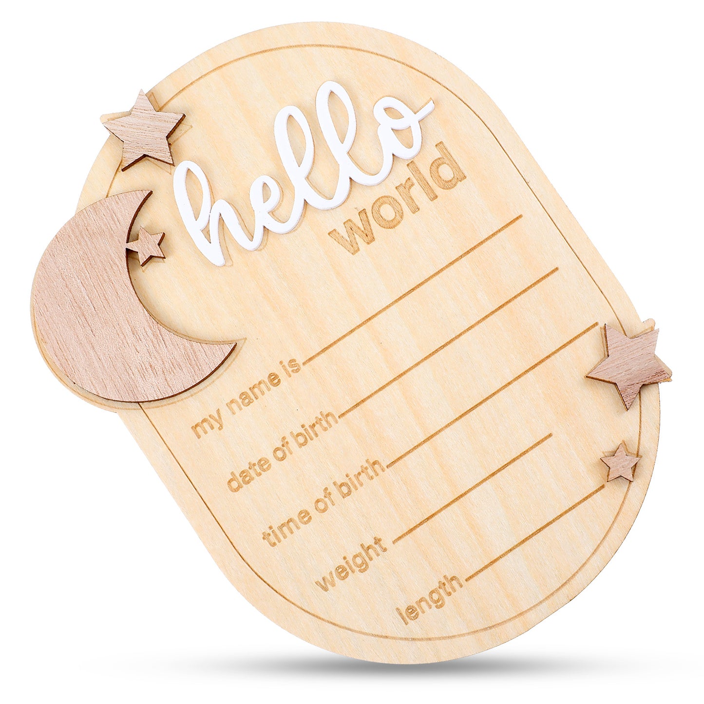 Baby Name Announcement Sign 6.3 Inch Wooden Hello World Newborn Welcome Sign Moon And Stars Baby Welcome Signs Baby Birth Announcement Signs Baby Name Plaque for Photo Props Baby Shower Hospital