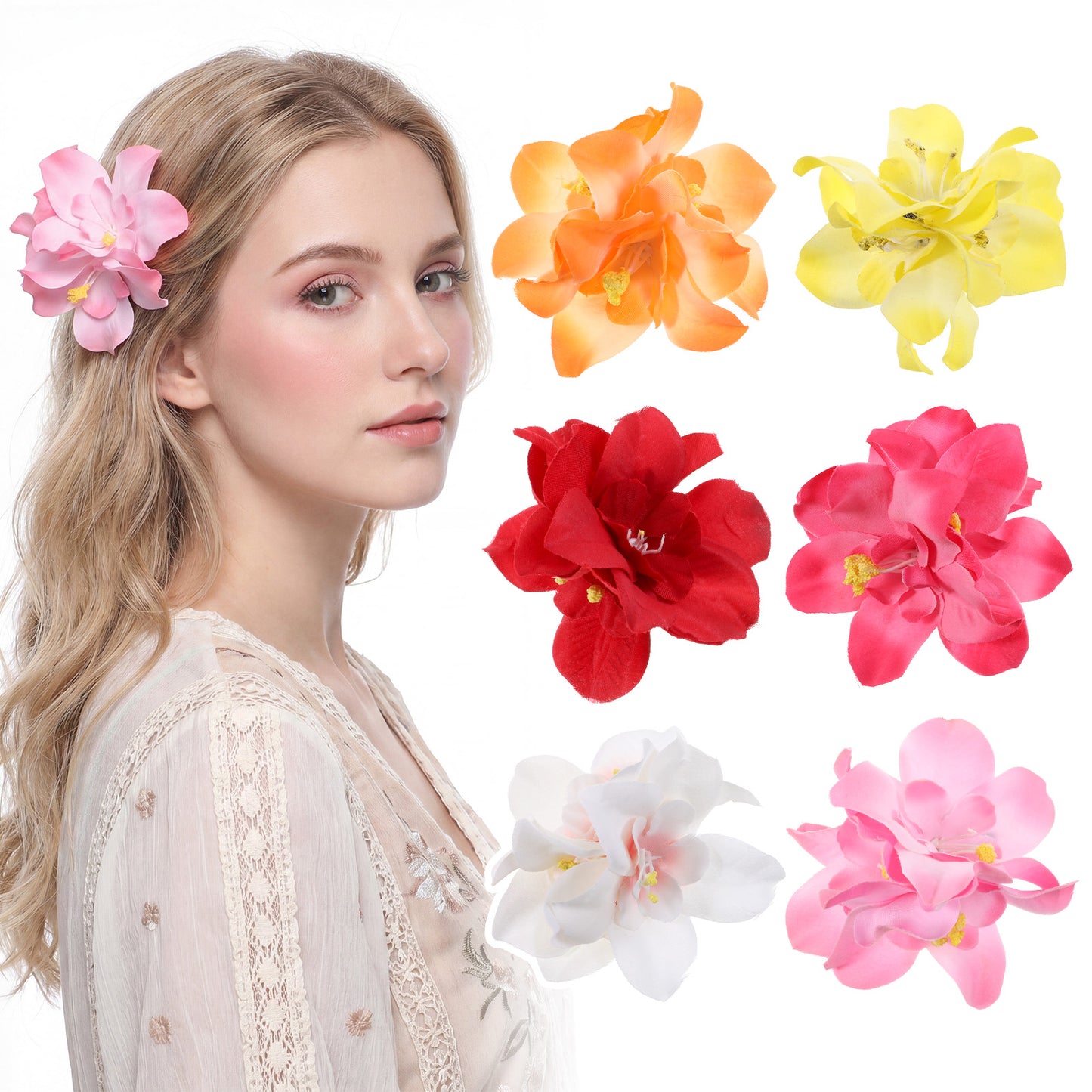6pcs Hawaiian Flower Hair Clips, Hawaiian Tropical Flower Hair Clip Artificial Bohemia Hibiscus Flower Hair Clip for Women Girl Beach Vacation Party Hair Bobby Pins Bridal Accessories
