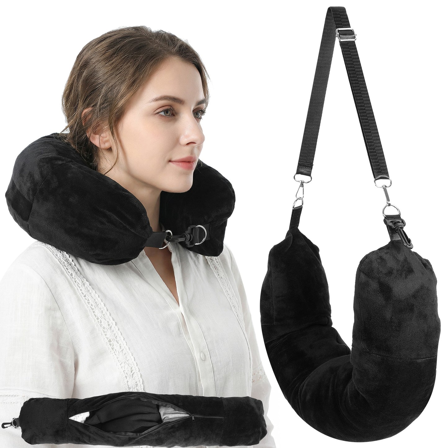 Neyauo Stuffable Travel Pillow, Velvet Neck Pillow for Travel Stuffed with Clothes, Traveling Pillows for Airplanes, Traveling Essentials Multifunctional Sleeping Rest Cushion, No Filler(Black)