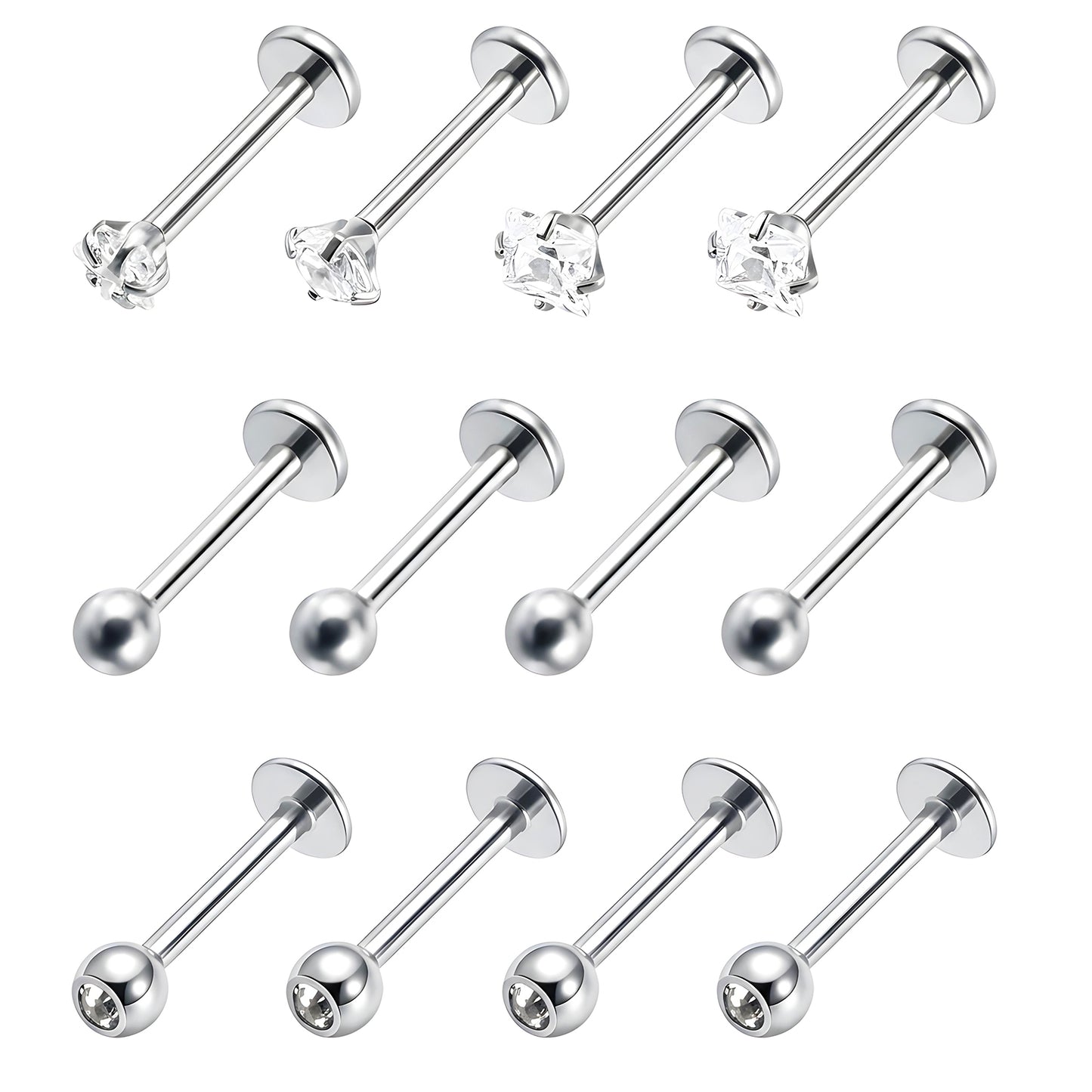 12PCS silver/gold tragus earrings - Stainless Steel lip piercing jewellery lip piercing jewellery For Nose Ear Cartilage Helix - 8-12mm Ball Diamond Round Square Star Heart tragus stud