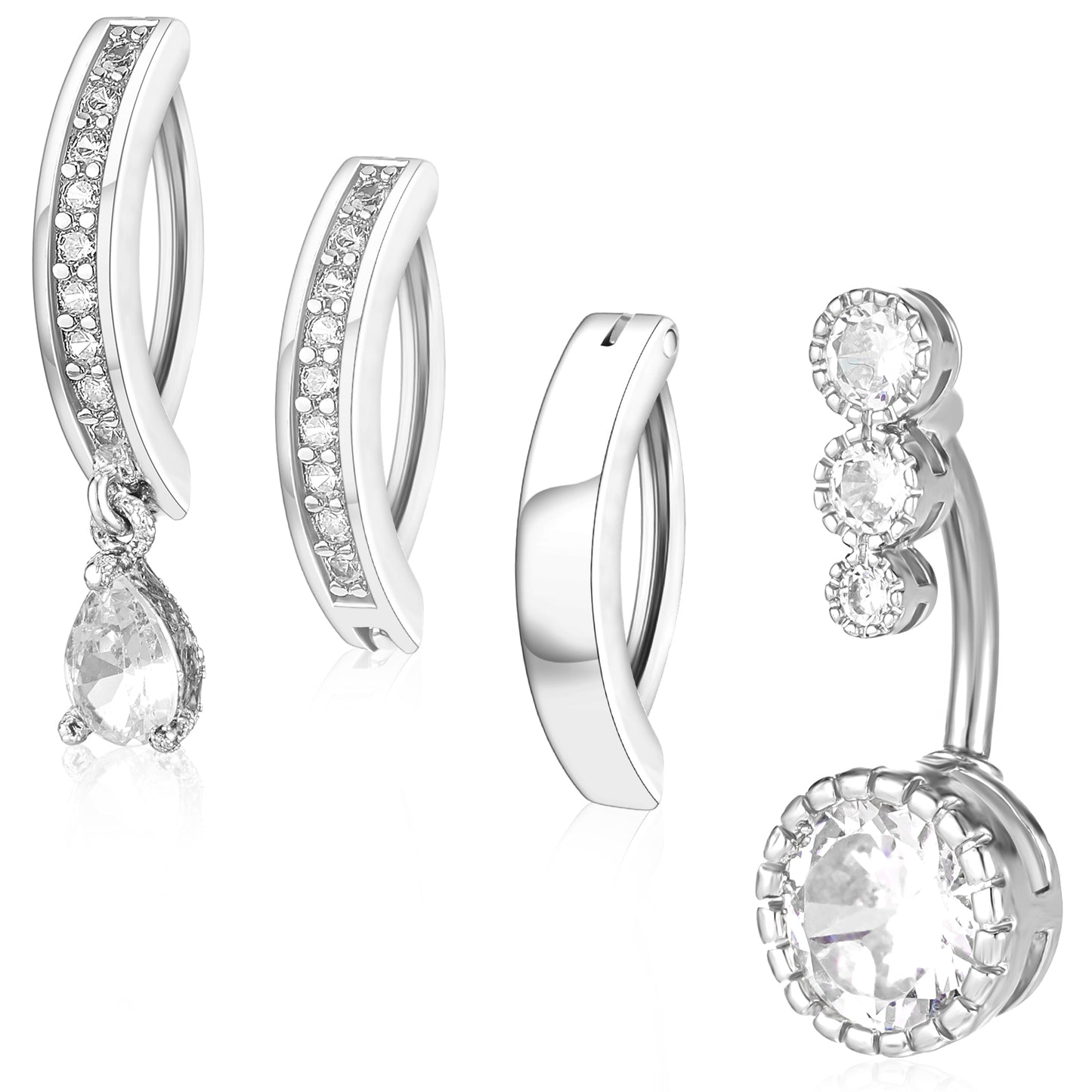 Yolev 4 Pcs Belly Button Ring for Women 14G Short Opal Navel Rings Clicker Belly Button Ring Bar Piercing Surgical Steel Cute Belly CZ Reverse Navel Rings Dangle Body Belly Piercing Jewelry(Silver)