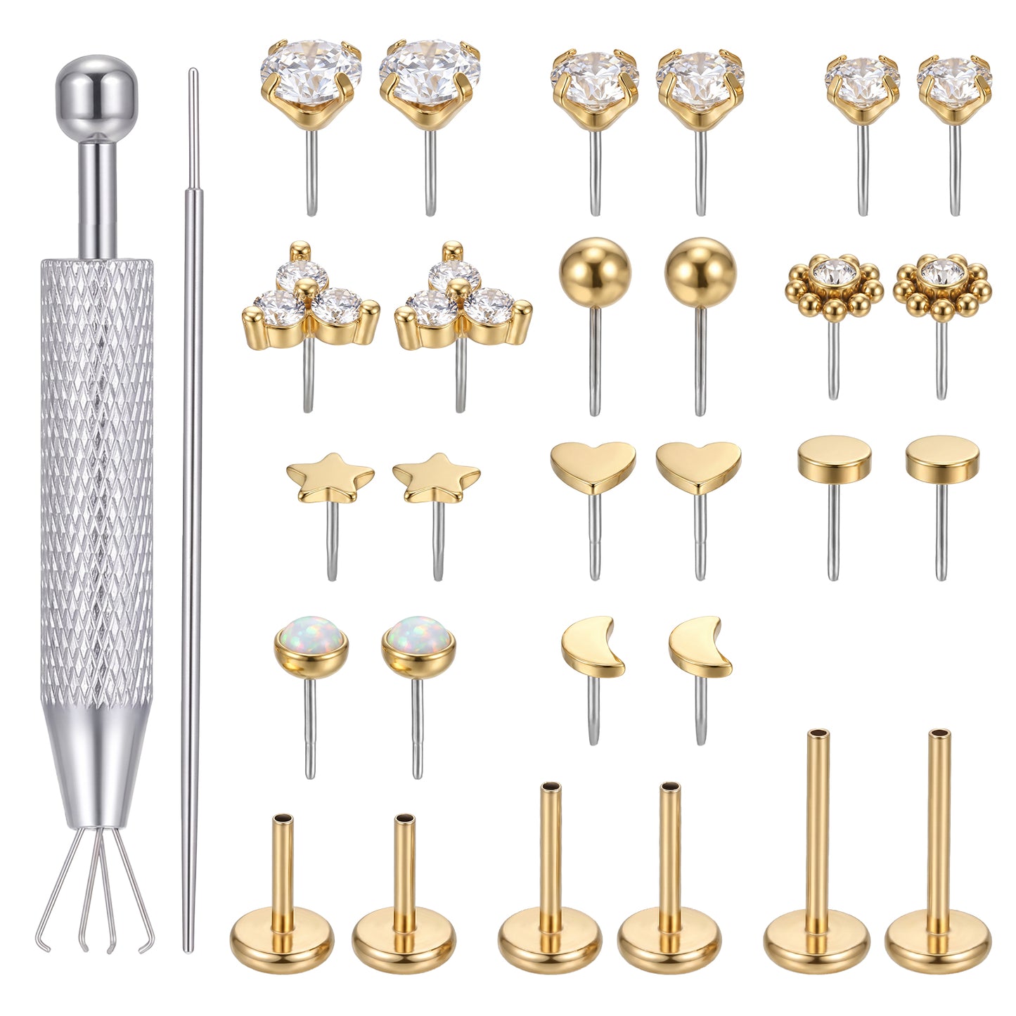 Tucnoeu 12 Pairs Nose Studs Flat Back, 18G Tragus Earrings for Women Gold, 6/8/10mm Flat Piercing Jewelry Set with Piercing Taper Ball Grabber Tool and Insertion Pin