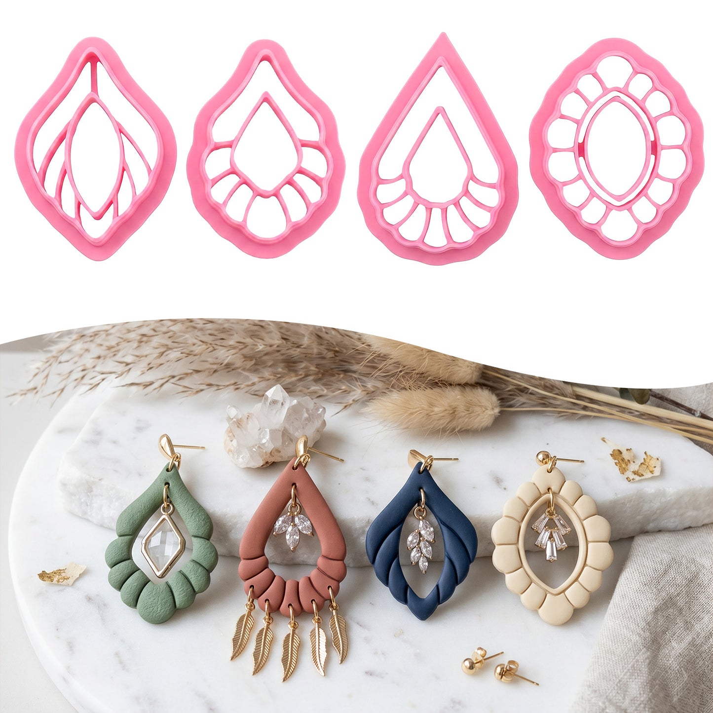 Yolev 4 Pcs Polymer Clay Cutters, Scalloped Drop Clay Earring Cutters, 4 Shapes Clay Cutters for Polymer Clay Jewelry DIY Dangle Earrings Cutters (Pink)