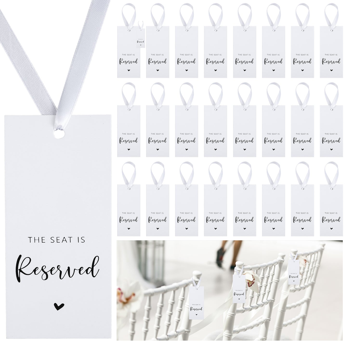 Paper Reserved Chair Signs, Hanging Reserved Seating Signs, Elegant Design, Ivory White, 12 Pack, For Wedding, Ceremony, Church Events, Pews, Restaurant