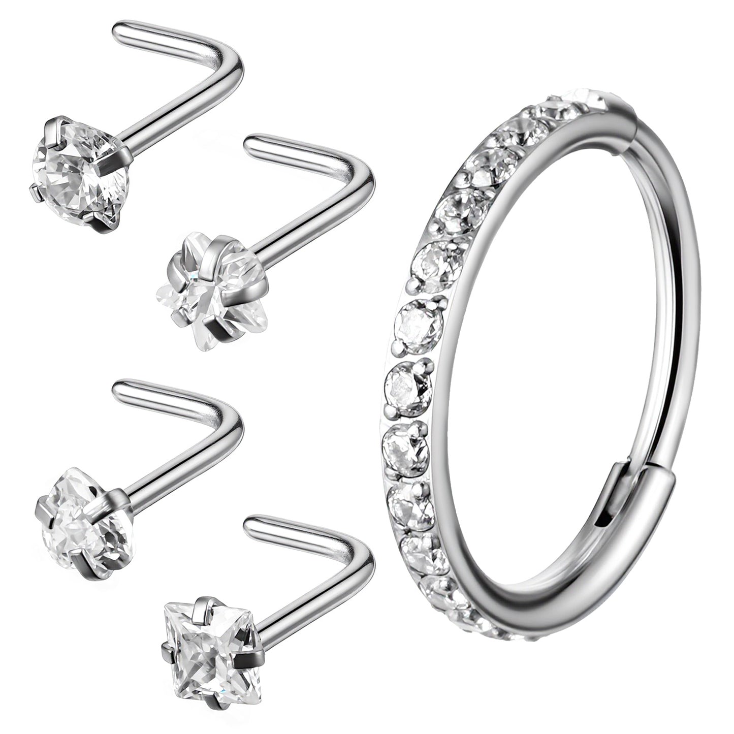 Josojoou 5 PCS Surgical Steel Nose Ring & Stud Set - Nose Piercing Jewellery, L-Shape Studs & Septum Ring, Tragus/Helix Earrings for Sensitive Skin