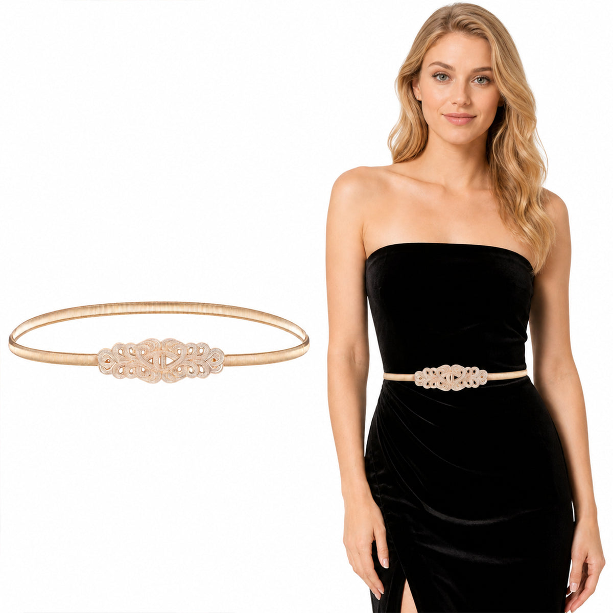 Tucnoeu Gold Belt for Dress, Elastic Thin Gold Dress Belt for Women, 30in