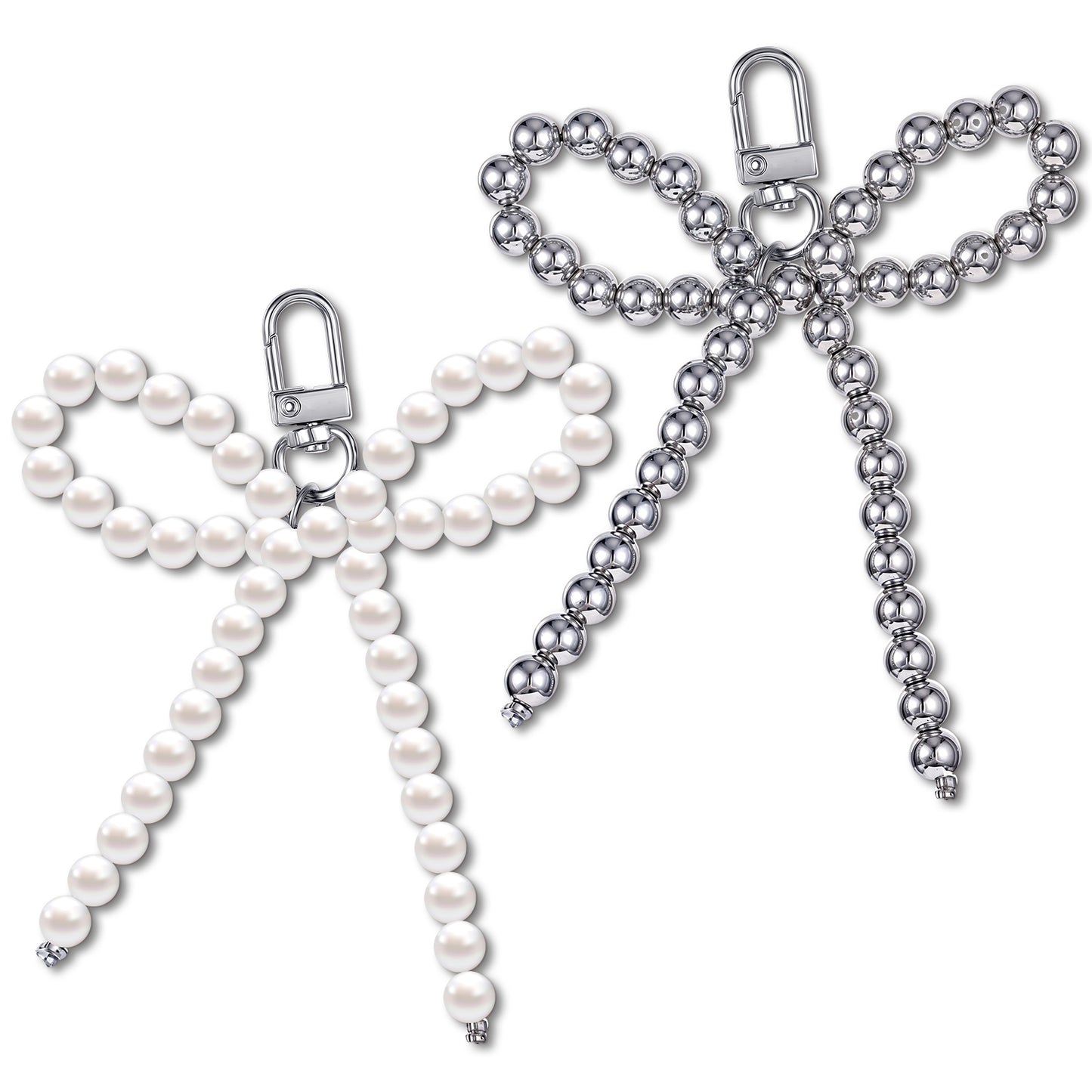 Lusofie Pearl Bow Keychain, Silver Bag Charm, Y2K Accessories, Bag Accessories Charms, 2pcs Beaded Bow Keychain for Car Keys, Purse, Backpack, Phone Charms (Silver, White)
