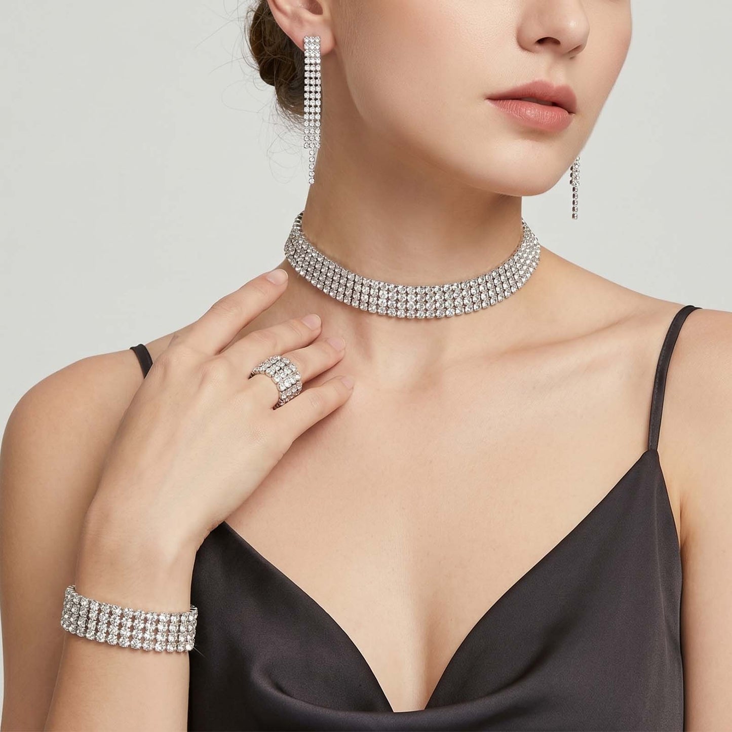 Yolev Rhinestone Jewelry Set Wedding Jewelry Sets for Women Silver Choker Bracelet Ring Earrings and Necklace Set for Women Elegant Prom Jewelry Set for Brides Bridesmaids Wedding Prom Party