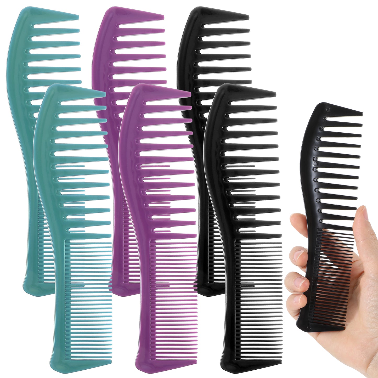 "6Pcs Wide Tooth Comb,Double-Sided Barber Combs 7.2 inch Plastic Combs 3 Color Wide & Fine Tooth for Professional Hairstyling Thick,Curly,Straight Hair Men & Women (Black,Purple,Dark Green) "
