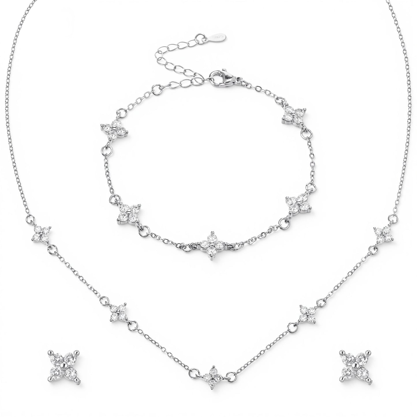Yolev Silver Jewelry Set for Women Dainty CZ Flowers Bracelet Earring and Necklace Set Elegant Jewelry Bride Stack Jewelry Set for Wedding Day Prom Brides Gifts